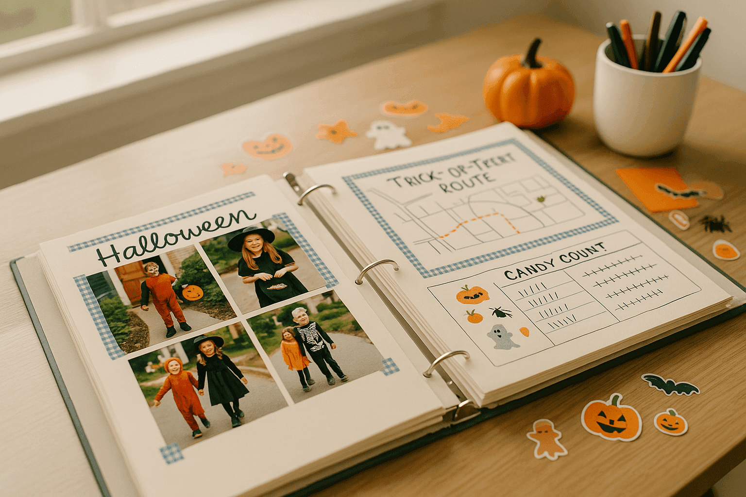 Beautiful scrapbook-style Halloween memory journal open on a white desk with costume photos, candy count charts, and neighborhood maps organized in protective sleeves