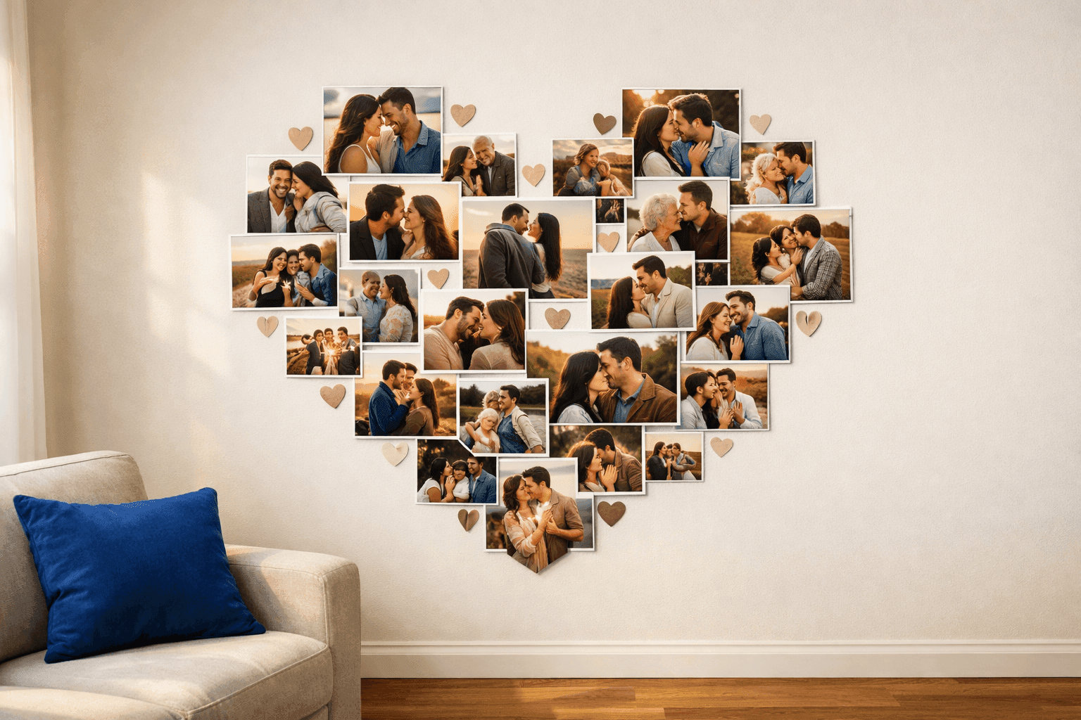Heart-shaped photo collage on white wall with mixed-size printed photos arranged in romantic pattern in modern living room
