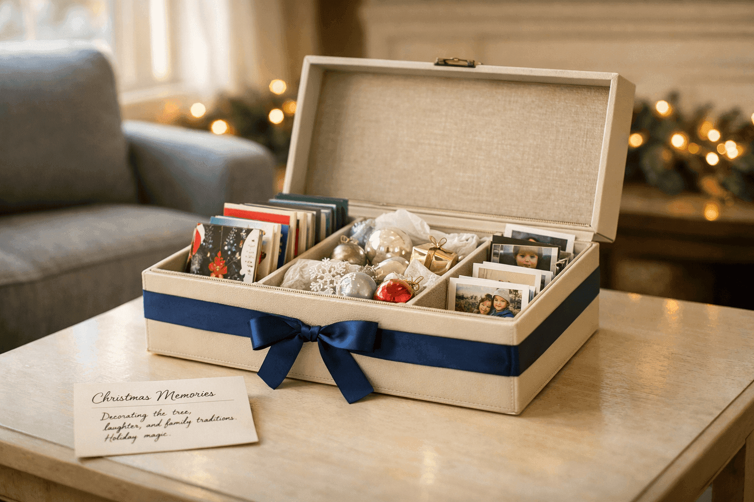 Beautiful memory box with labeled compartments containing holiday cards, ornaments, and photos organized with decorative dividers