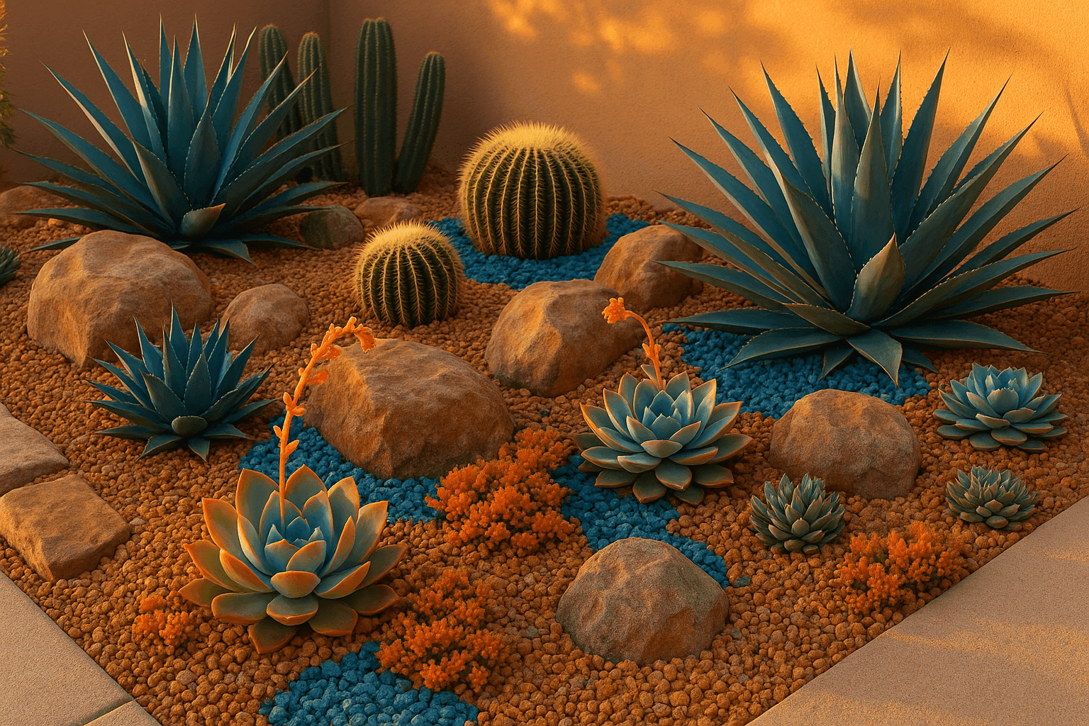 Beautiful succulent rock garden with diverse cacti and succulents arranged among decorative stones and gravel in sunny landscape