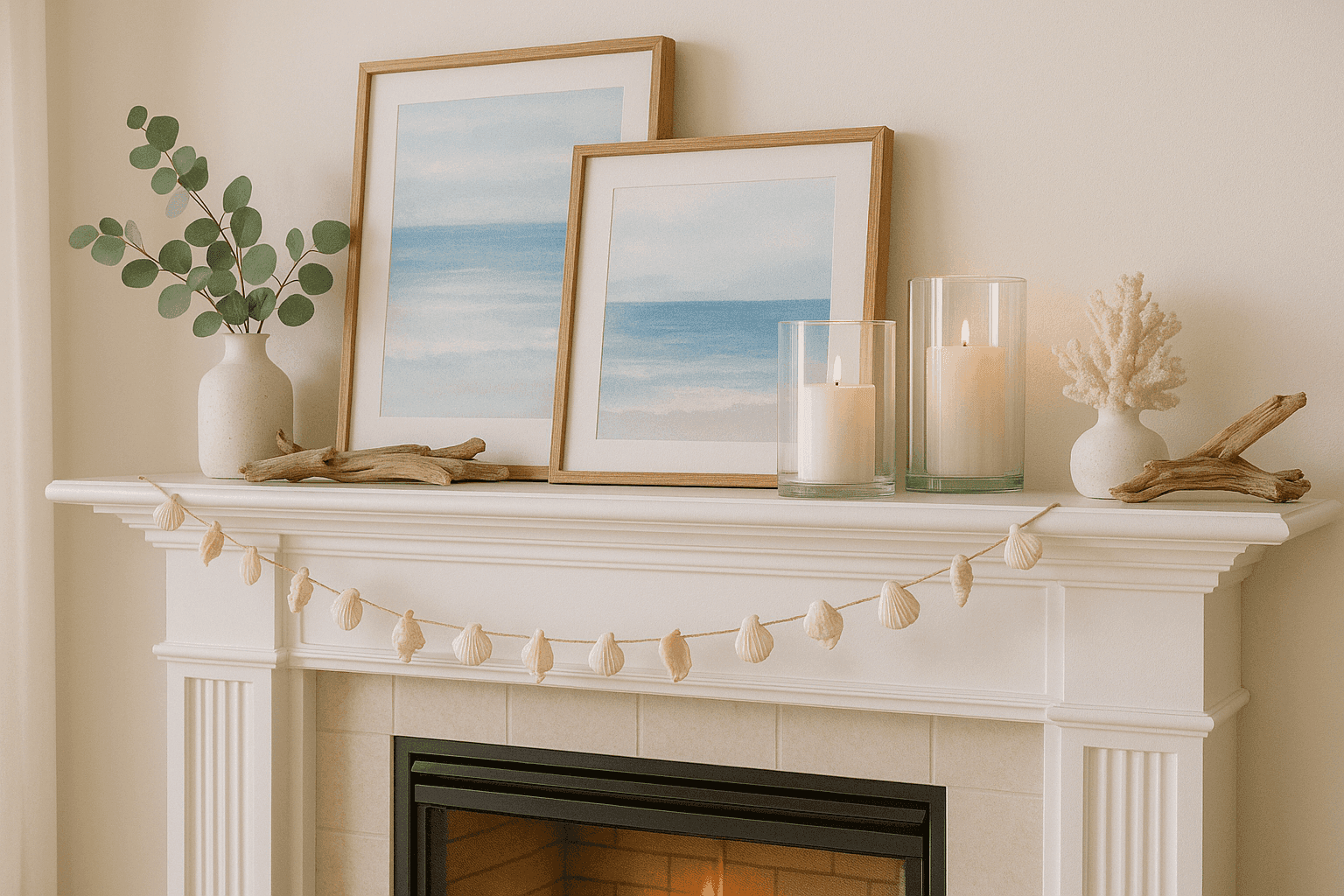 Beautiful summer mantel decoration with seashell garlands, coastal artwork, white pillar candles, and natural textures