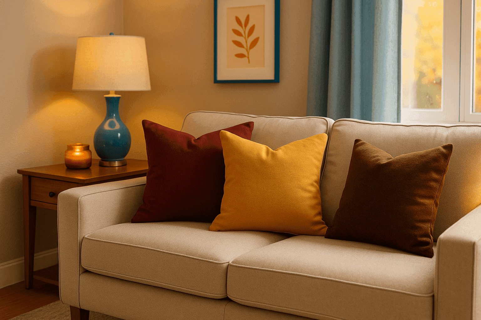 Cozy living room seating area with warm throw pillow collection in burgundy, gold, and chocolate brown creating perfect autumn movie night atmosphere