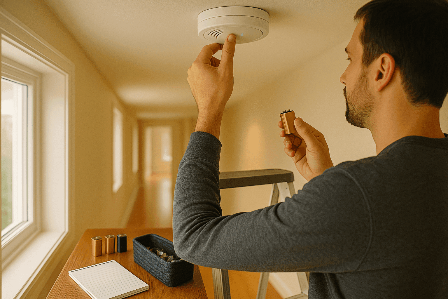Person testing smoke detector with button press and installing fresh nine-volt battery for holiday safety preparation