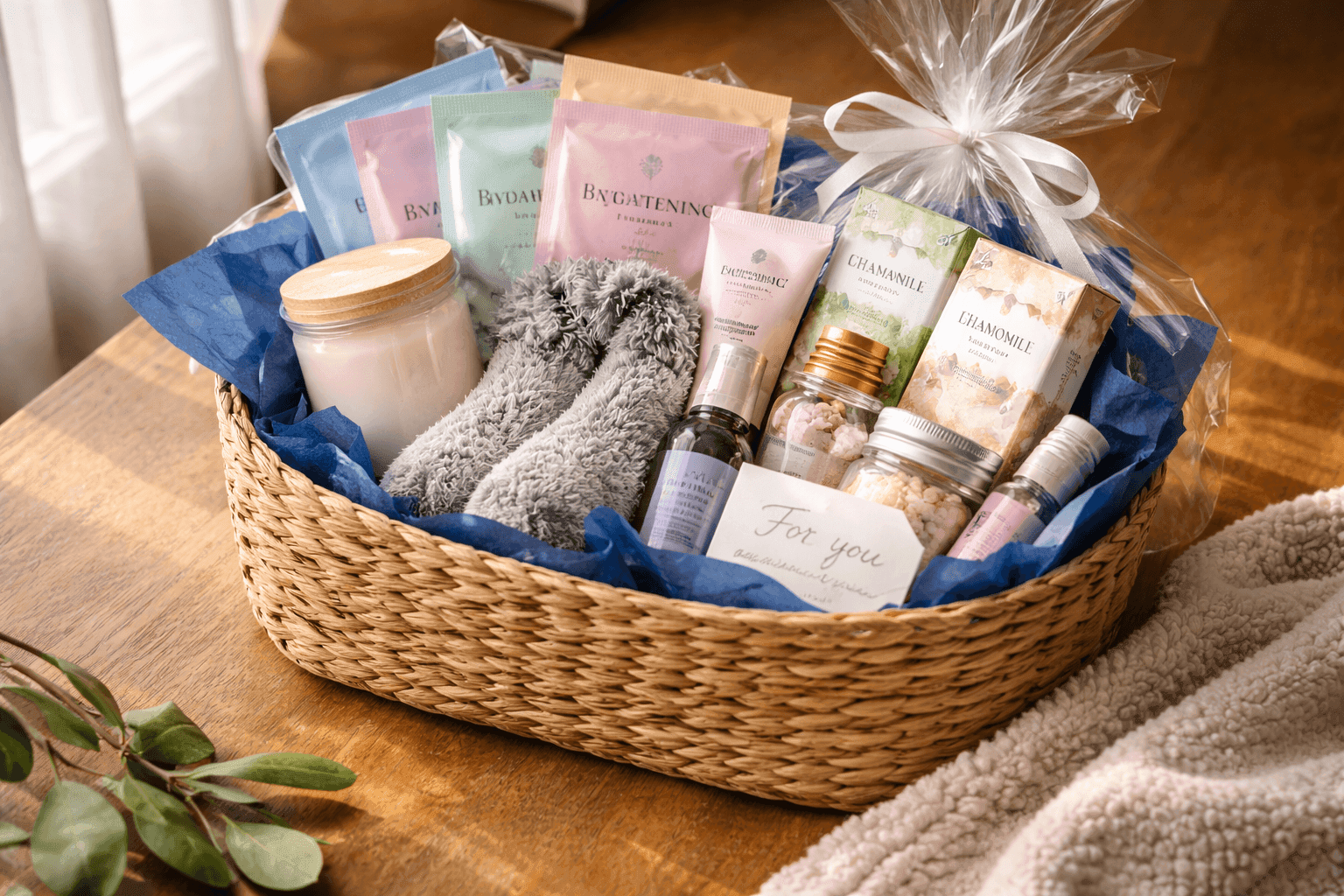 Beautiful self-care gift basket filled with candles, face masks, cozy socks, and tea arranged with tissue paper on cozy background