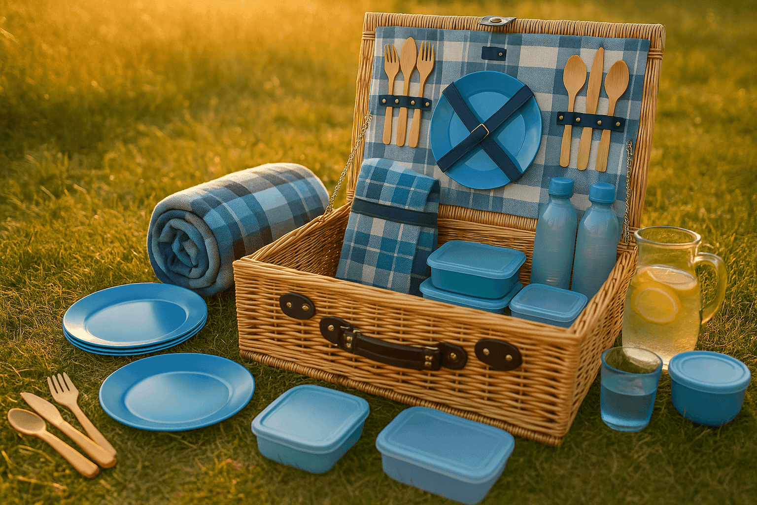 Beautiful picnic basket with organized blanket, reusable plates, utensils, and outdoor dining essentials ready for adventure