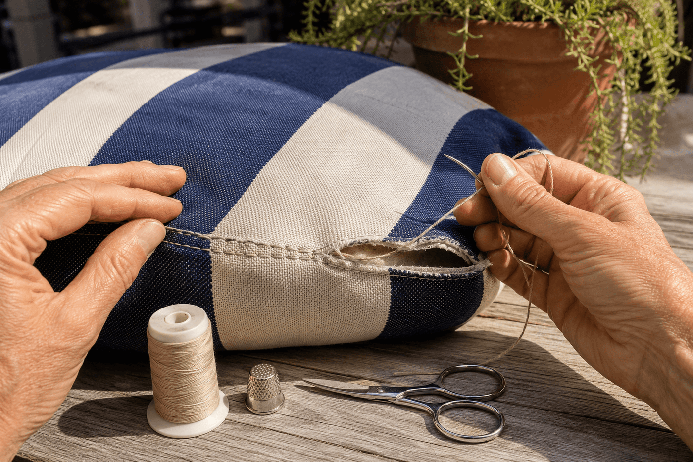 Close-up of hands backstitching a frayed outdoor cushion seam with UV-resistant thread on a sunny patio, with the repaired seam section clearly visible alongside the original split