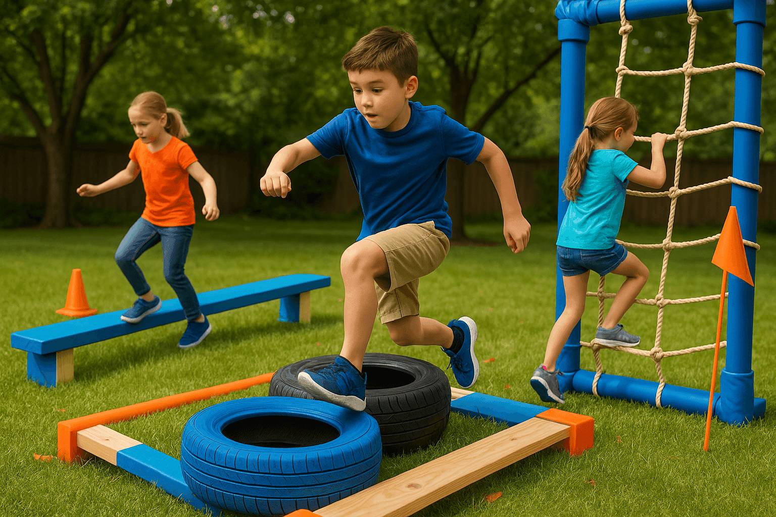 Children actively playing on colorful DIY backyard obstacle course featuring tires, ropes, and wooden balance beams with excited kids in motion
