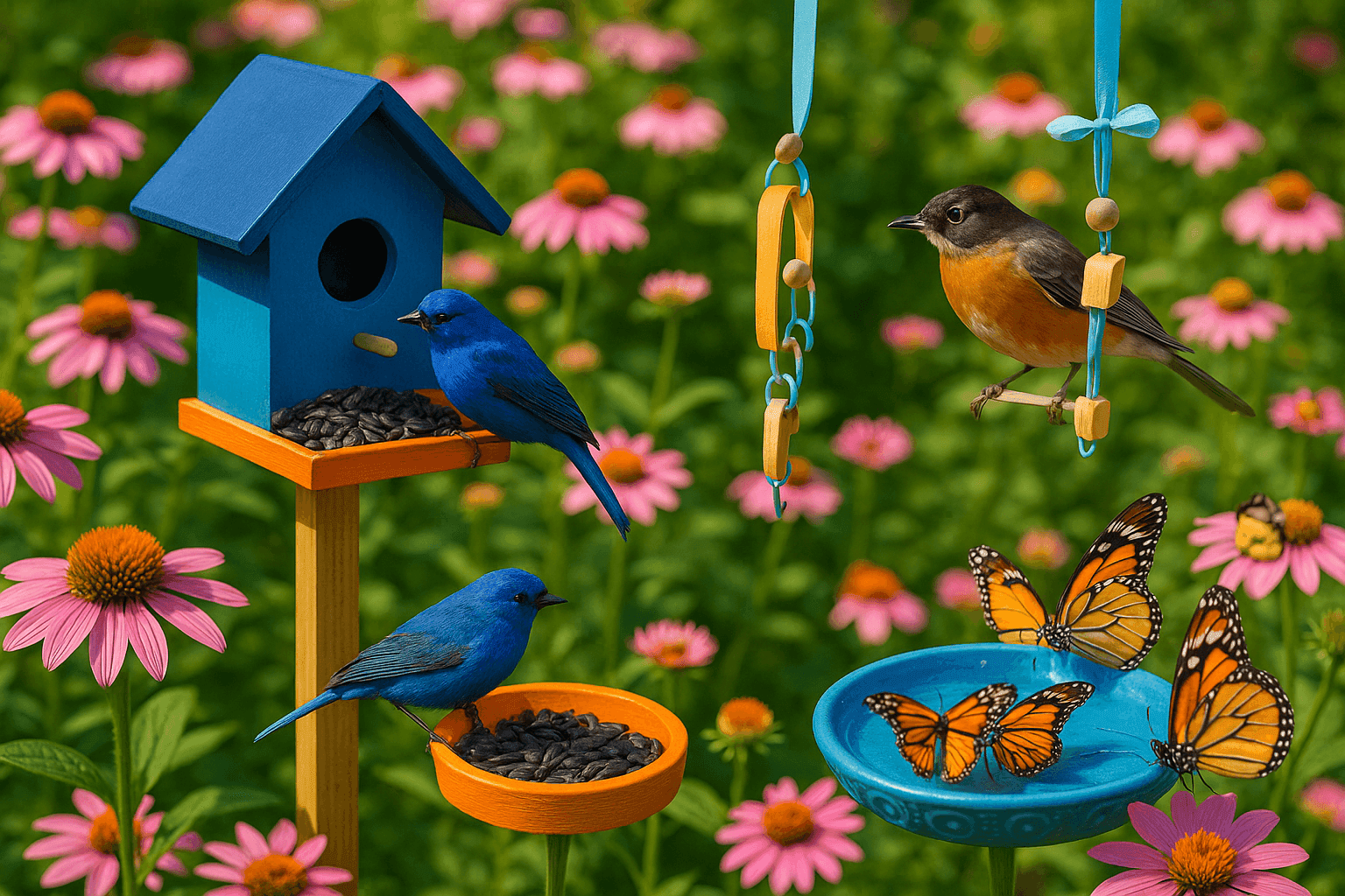 Charming garden setup with colorful DIY bird feeders and butterfly drinking stations attracting various wildlife among flowering plants