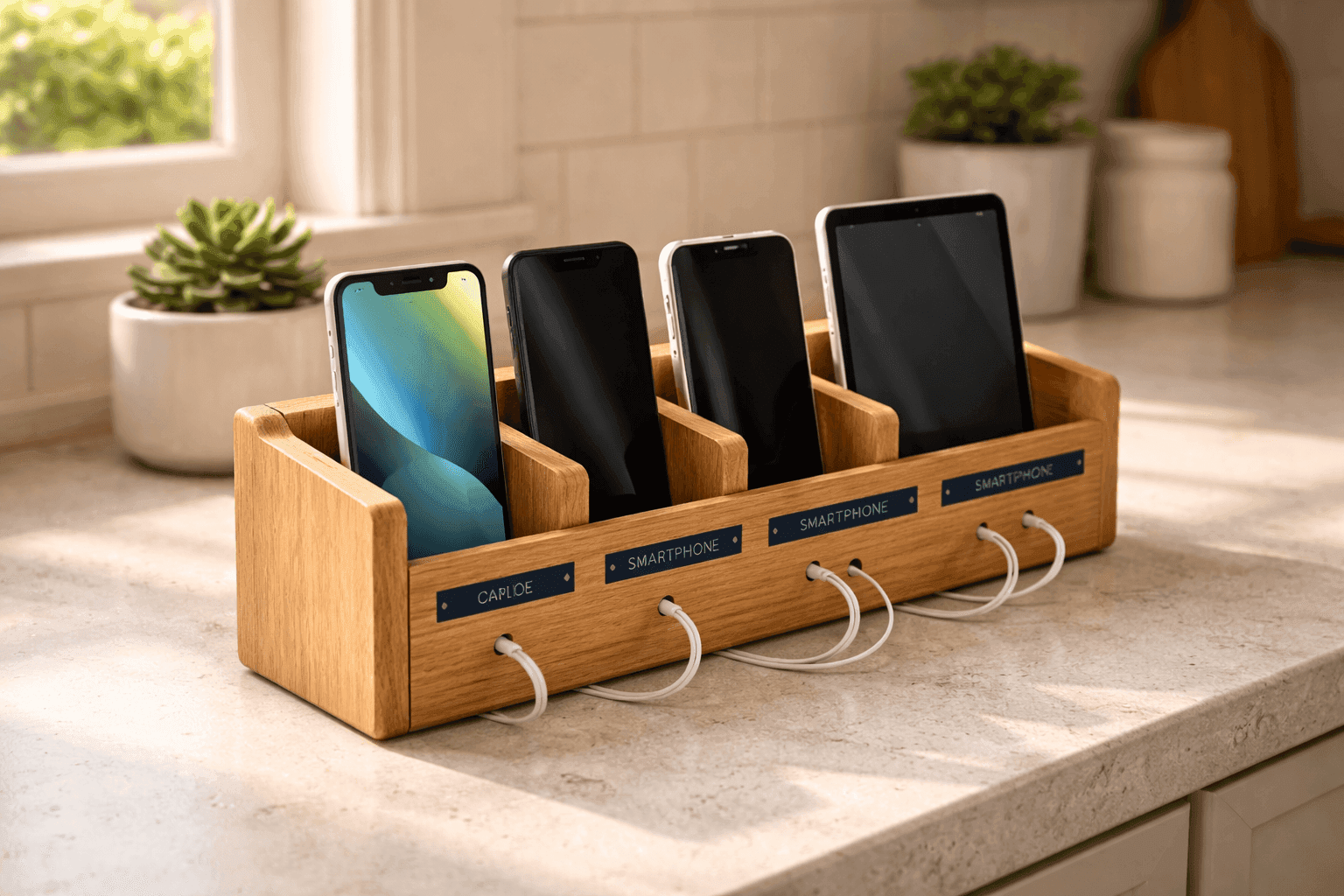 Wooden charging station organizer with labeled slots holding phones and tablets with organized cords