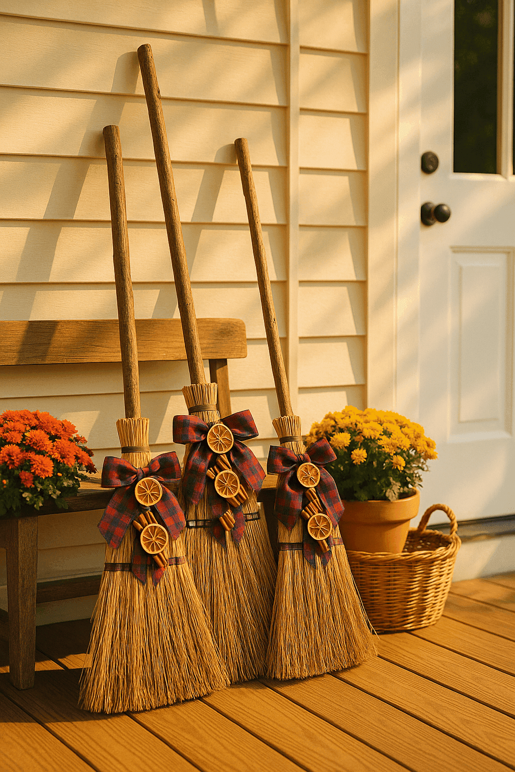 Decorated cinnamon-scented craft brooms with plaid ribbon and dried orange slices leaning against rustic fall porch display
