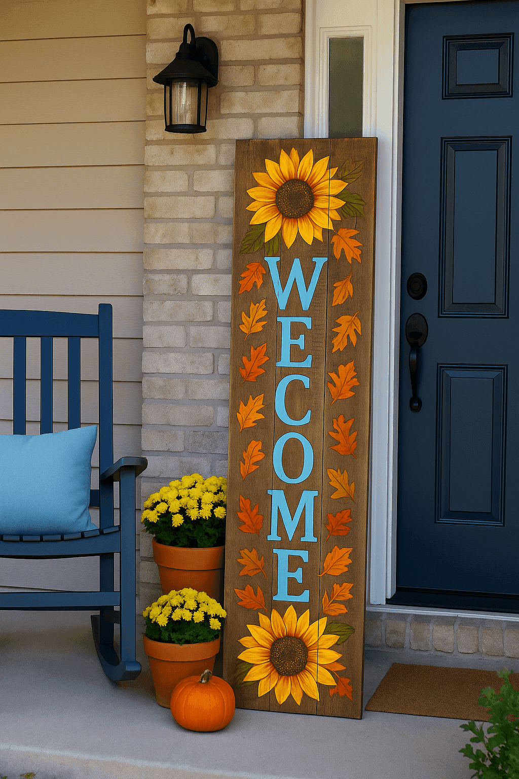 Charming front porch with handmade fall welcome sign featuring painted sunflowers and autumn colors propped beside the door