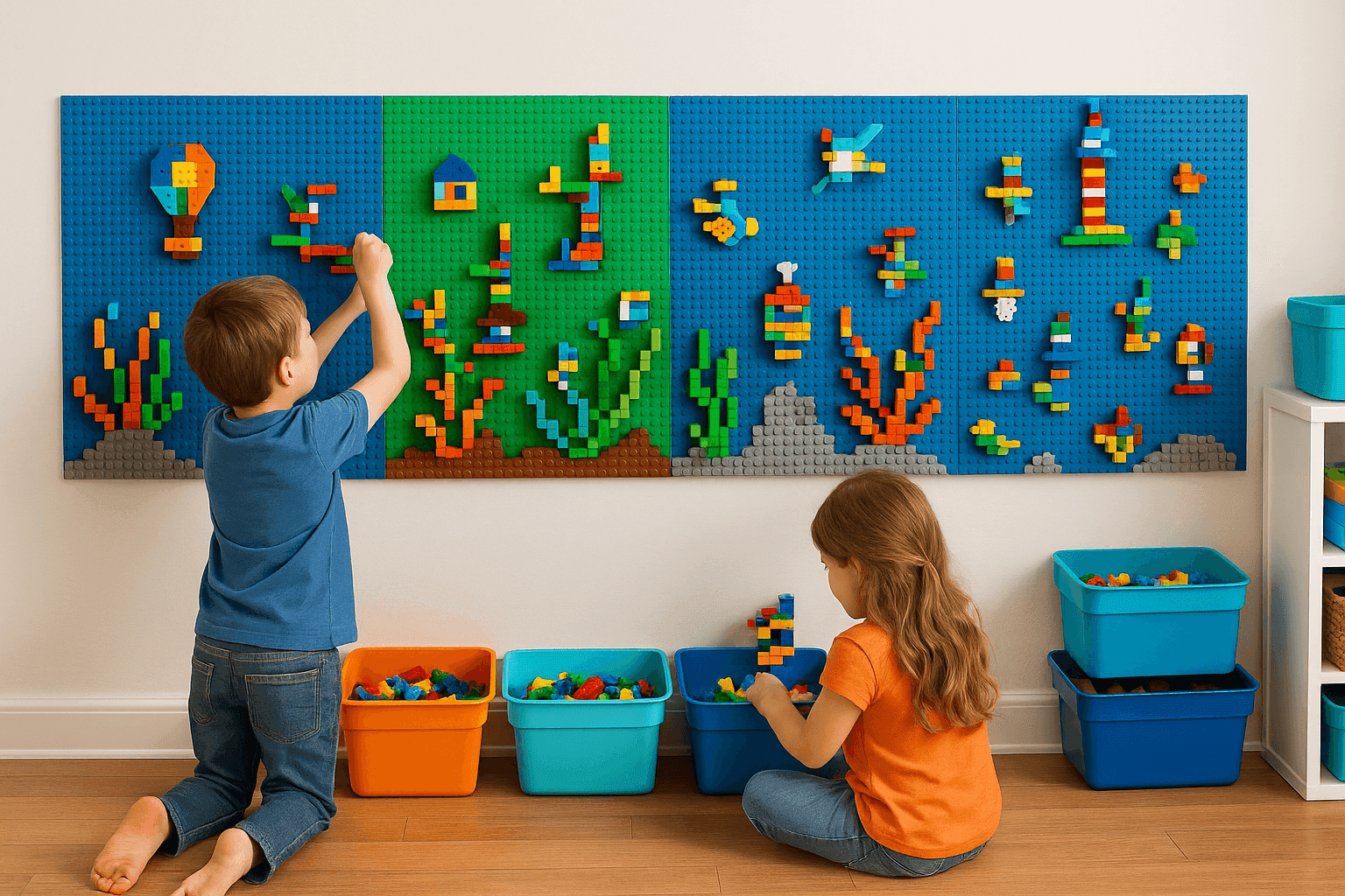 Colorful Lego building wall with base plates mounted at kid height featuring creative vertical Lego constructions and organized storage