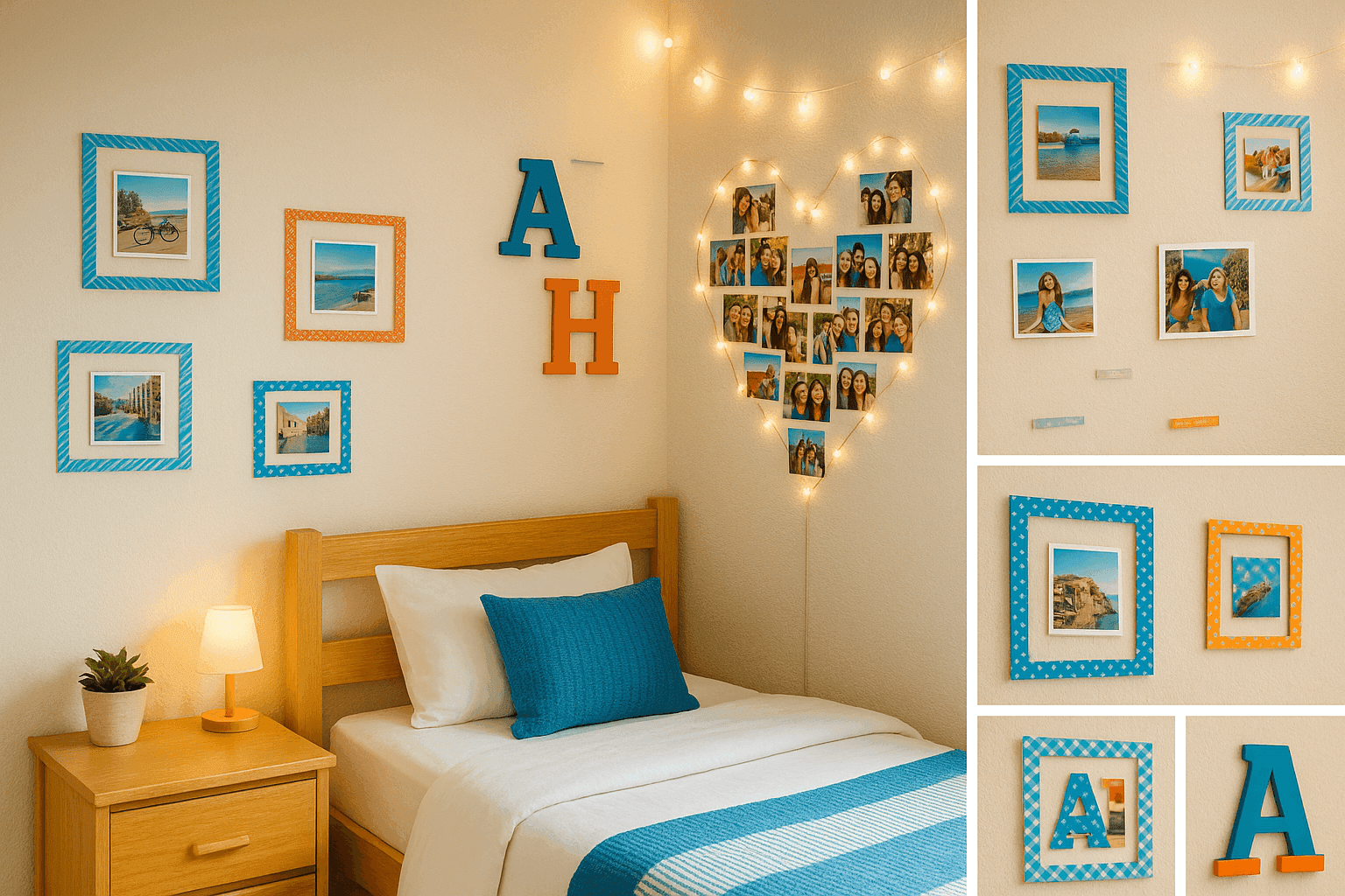 Bright dorm room with colorful washi tape frames, photo collage heart, and painted wooden letter initials creating a cozy personal space