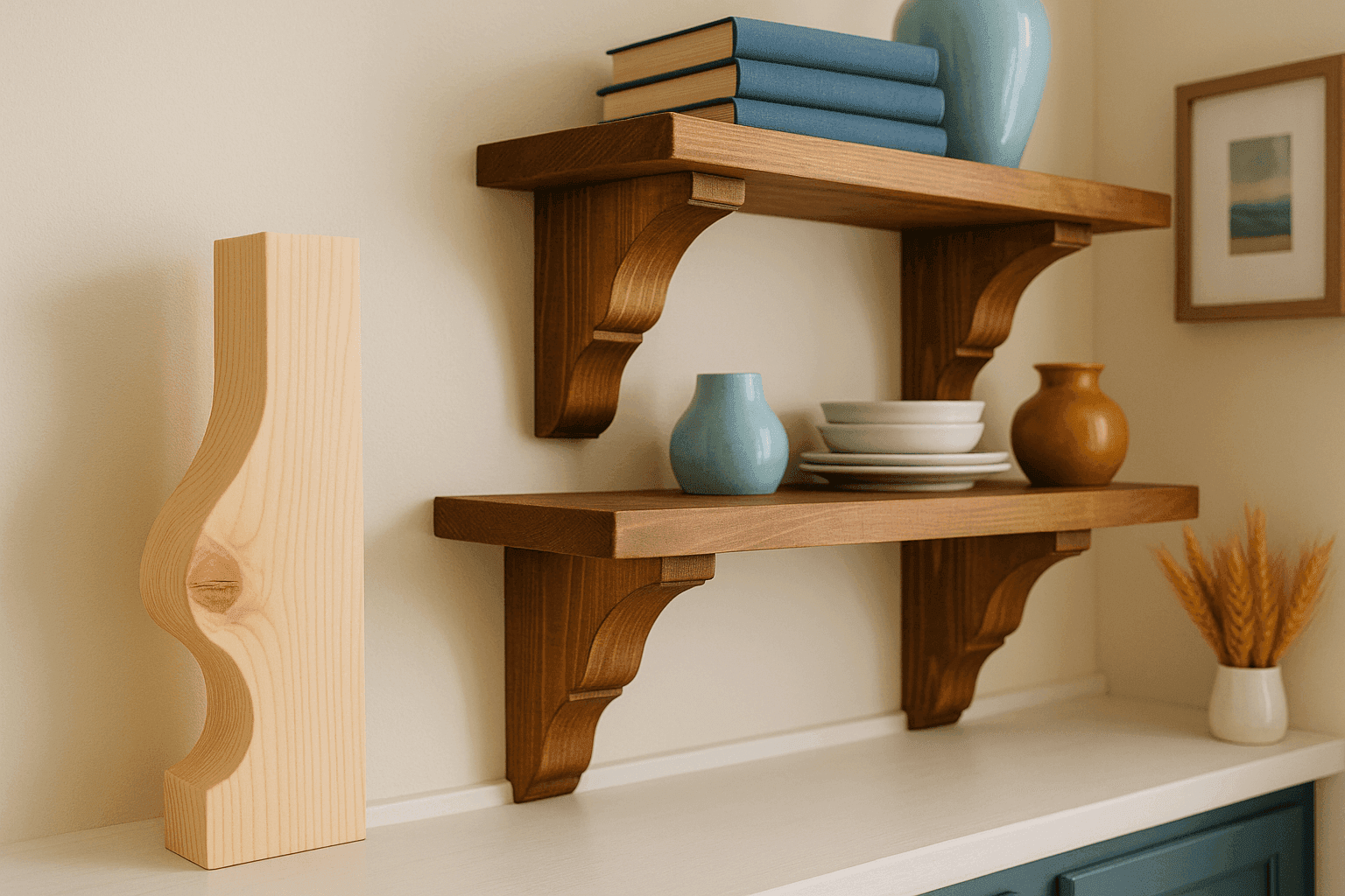 Beautiful handmade wood corbels with curved decorative designs cut from 2x4 lumber supporting floating shelves and adding architectural interest