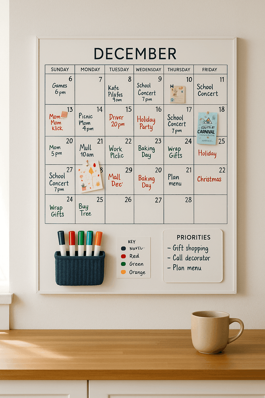 Organized family calendar command center on wall with color-coded markers showing December holiday schedule and activities