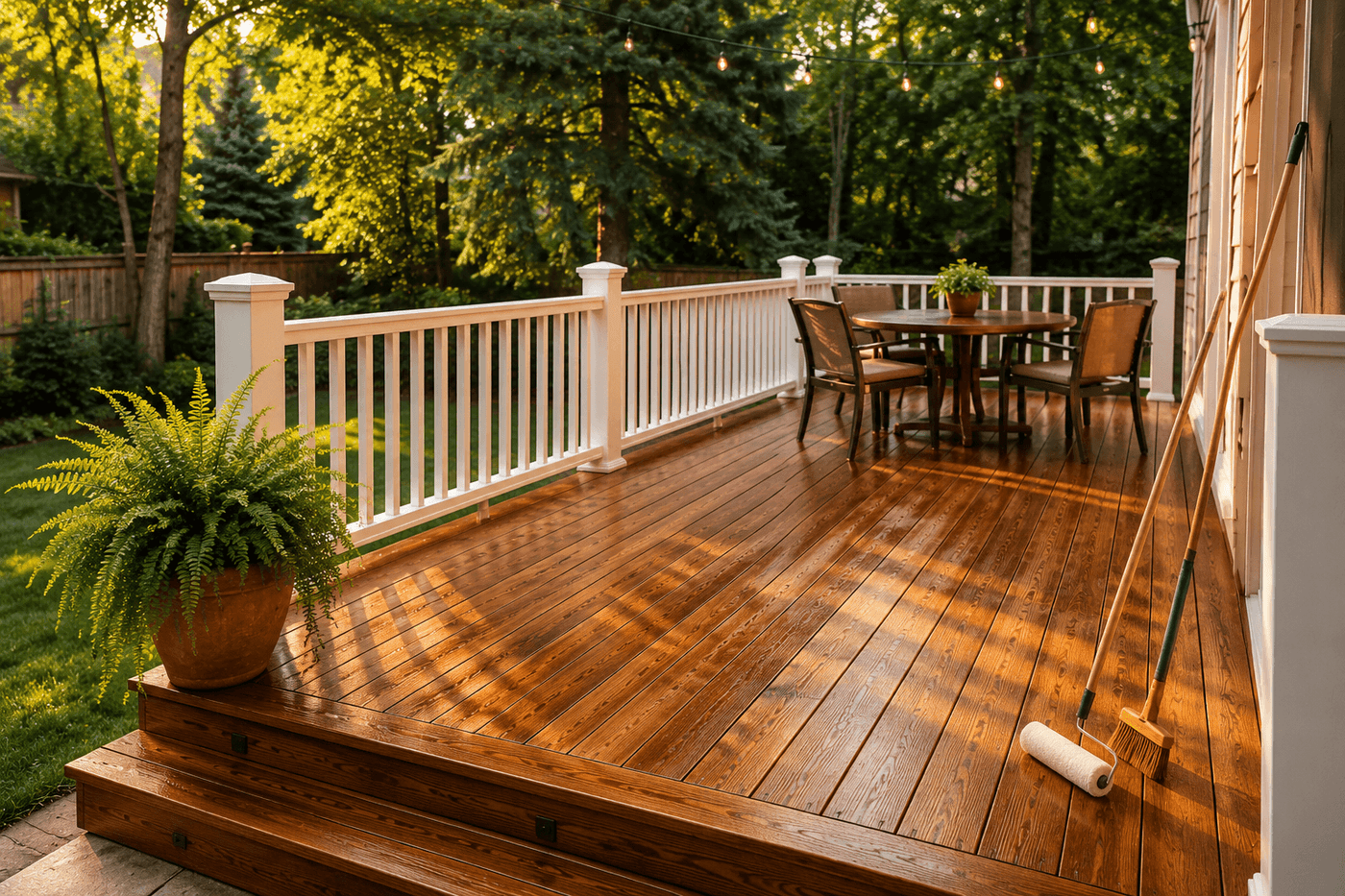 Freshly power washed and sealed cedar deck with warm honey tones restored, showing outdoor furniture and potted plants on the refinished surface in afternoon sunlight