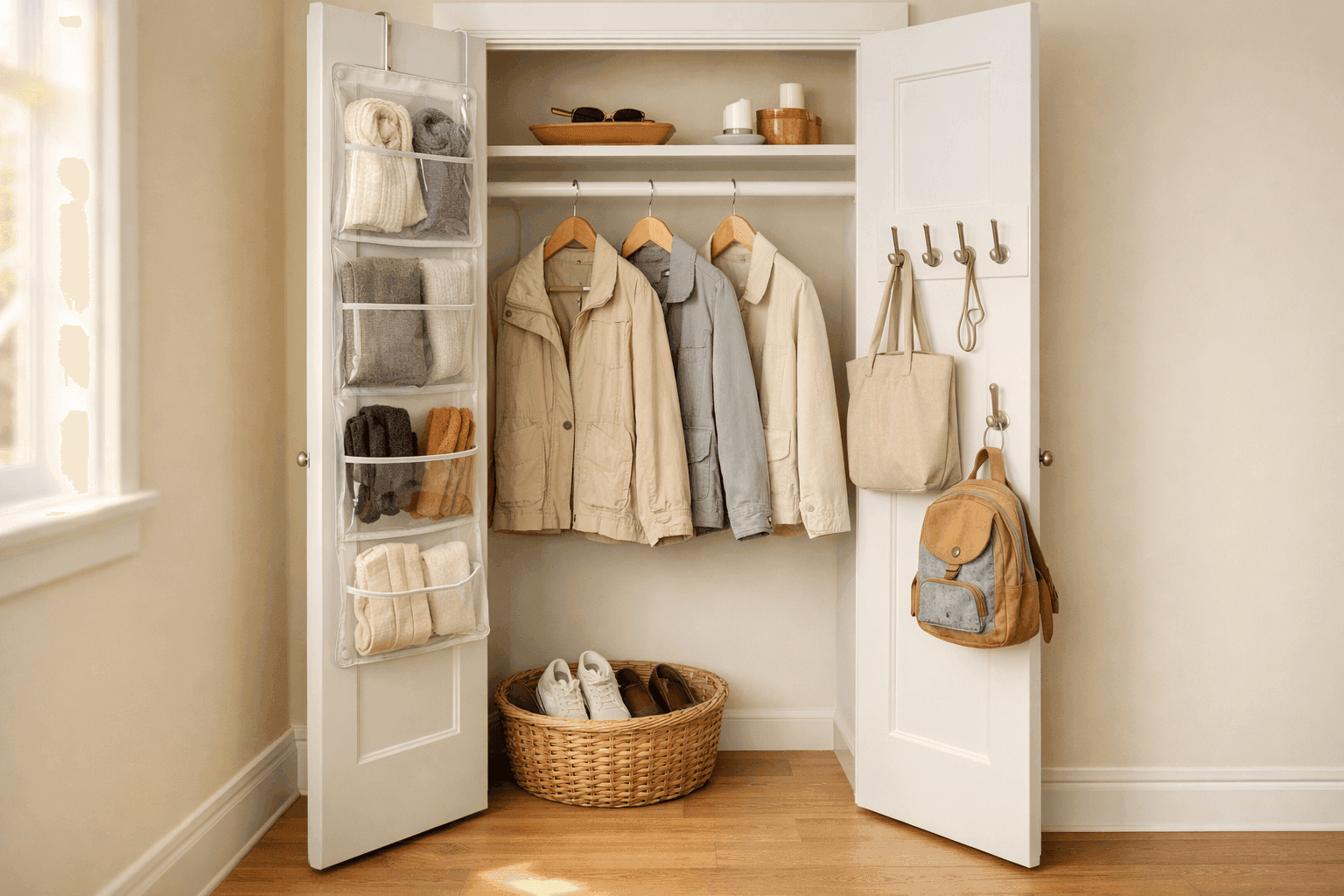 A freshly organized entryway closet with light spring jackets hanging neatly on the rod, an over-the-door organizer holding accessories, a wicker shoe basket on the floor, and a small tray on the shelf holding sunglasses and sunscreen