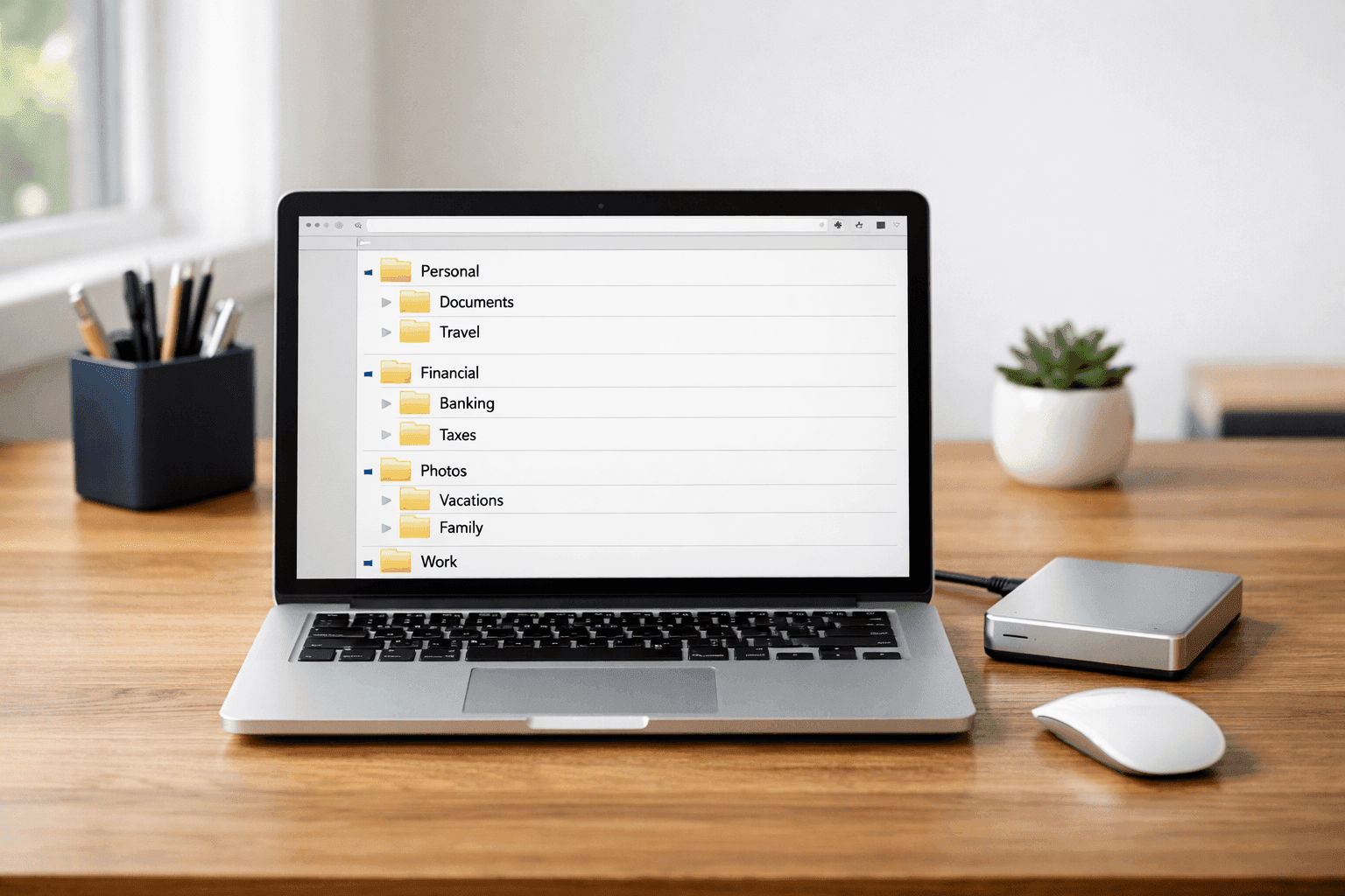 Organized computer desktop with clean folder structure and external backup drive on modern home office desk