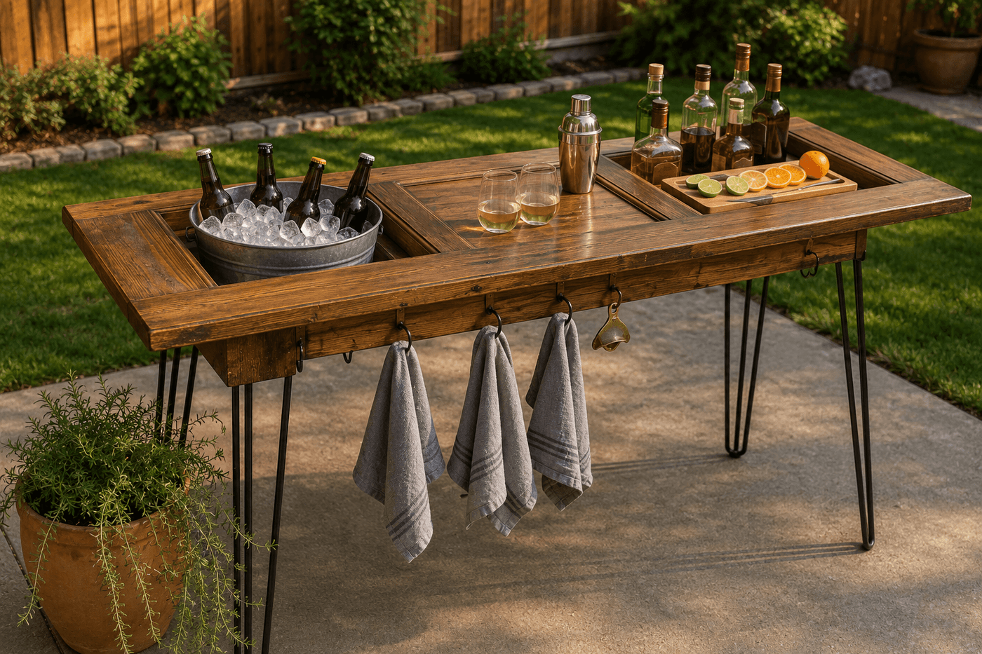 Salvaged wood panel door converted into an outdoor bar table on hairpin legs, styled with bottles, glasses, a galvanized ice bucket, and bar towels hung on S-hooks, on a sunny patio