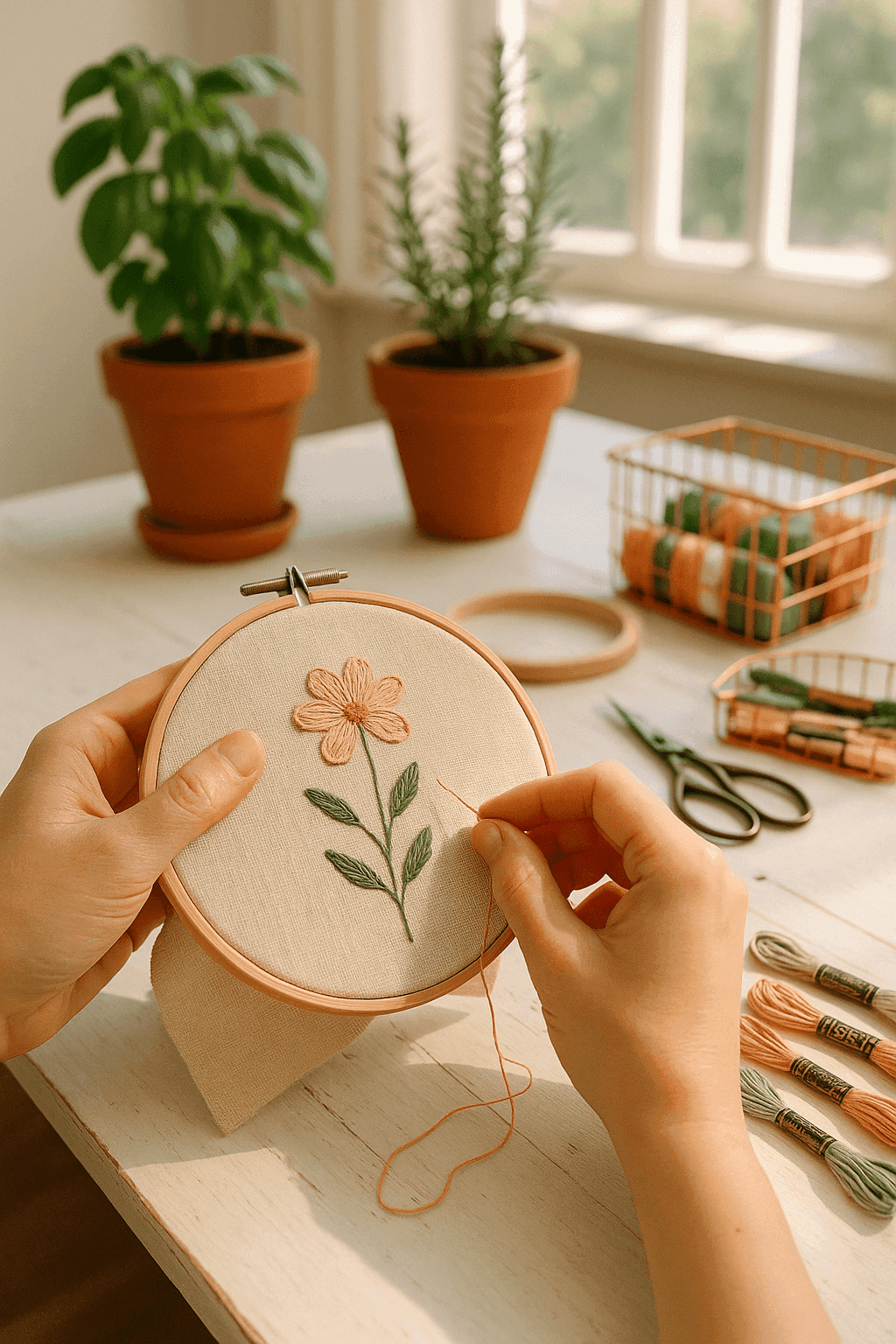 Hands working on botanical embroidery in wooden hoop with colorful thread and linen fabric on peaceful crafting table