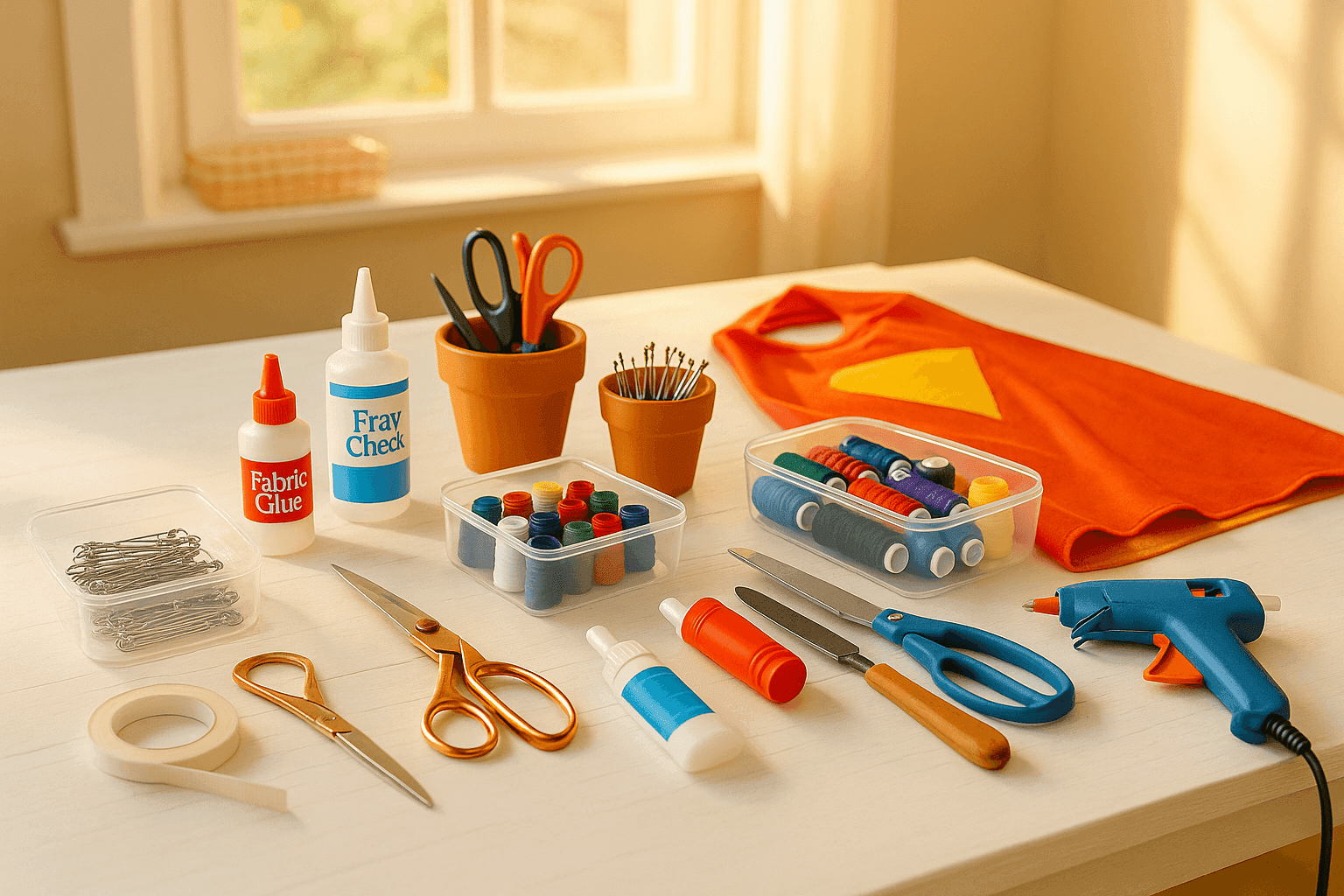 Organized costume repair station with sewing supplies, safety pins, fabric glue, and emergency fix materials ready for Halloween costume crises