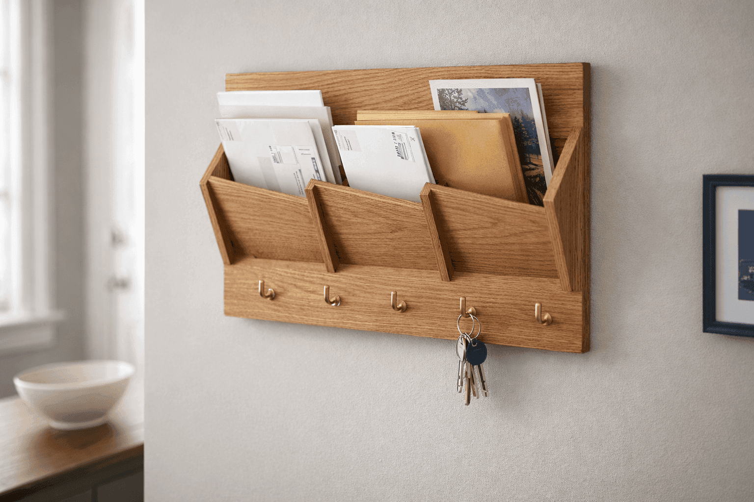 Wooden wall-mounted mail organizer with angled pockets holding letters and magazines with key hooks below mounted on entryway wall