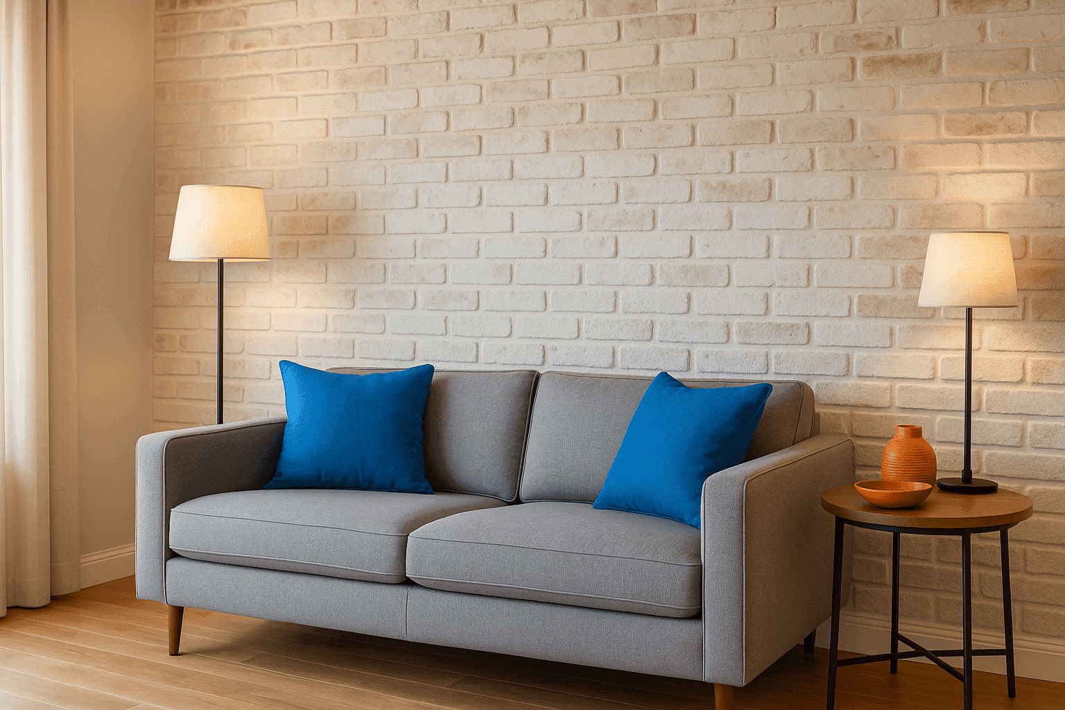 Living room with a stylish faux brick accent wall