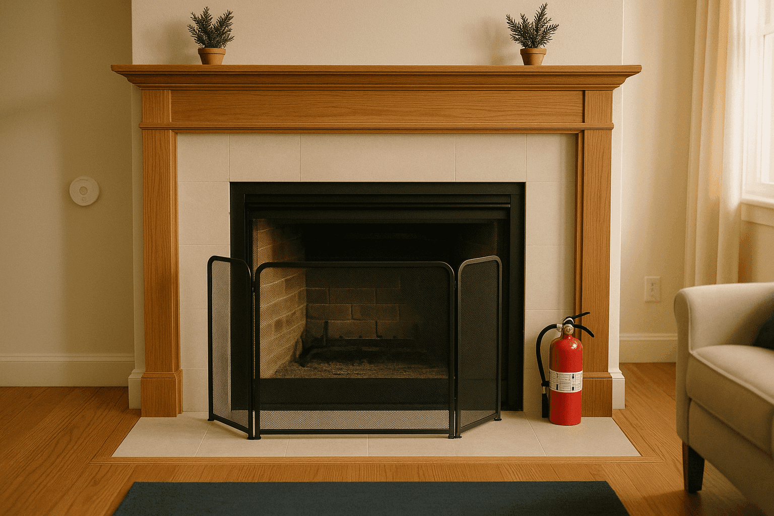 Clean fireplace with freshly swept chimney and carbon monoxide detector mounted nearby ready for safe winter use