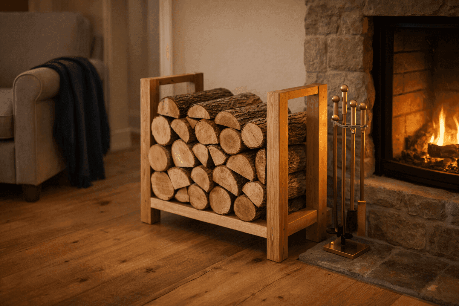Handmade firewood rack holding neatly stacked logs next to fireplace in cozy living room