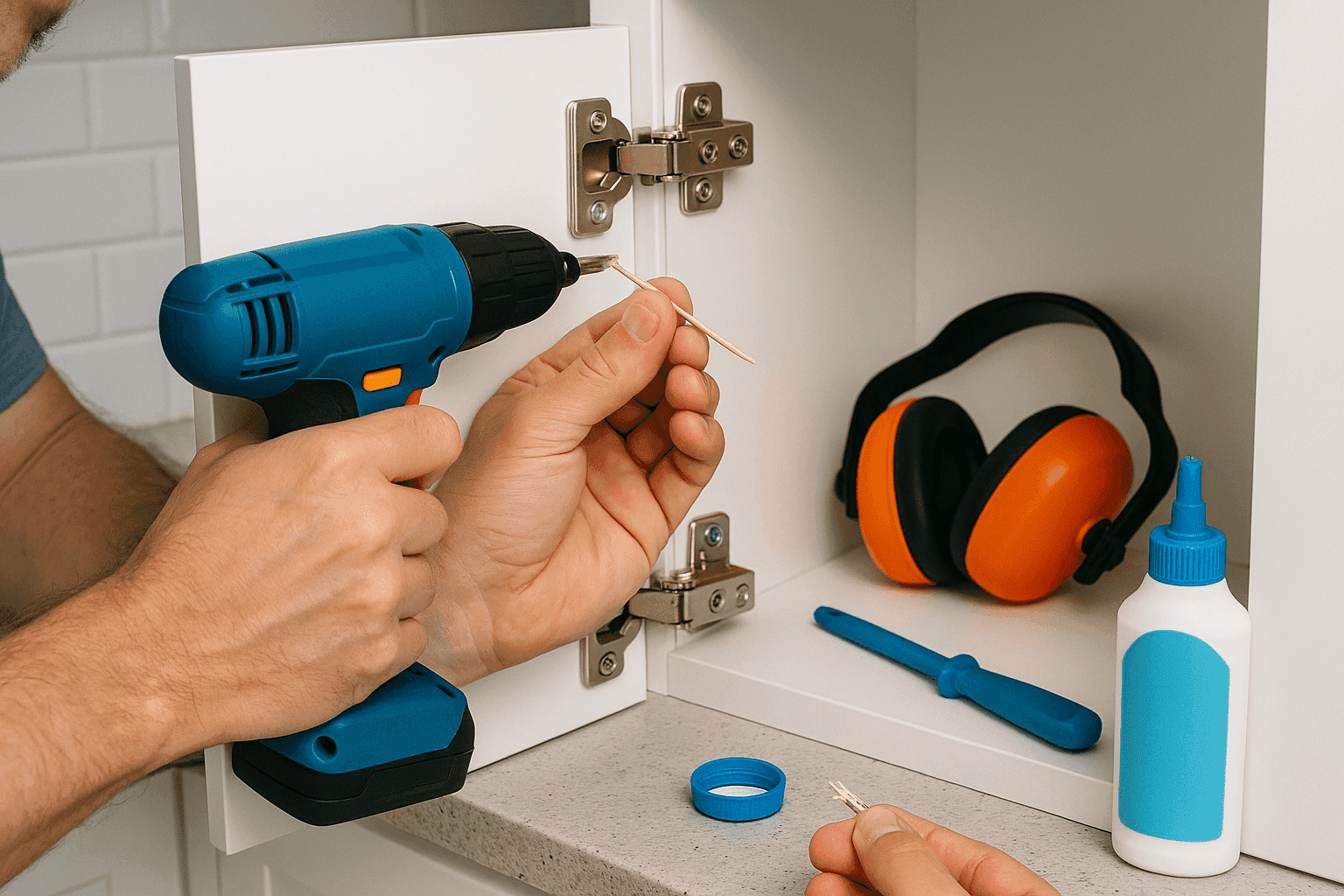 Kitchen cabinet door being repaired showing hinge adjustment and toothpick wood glue repair technique for stripped screw holes
