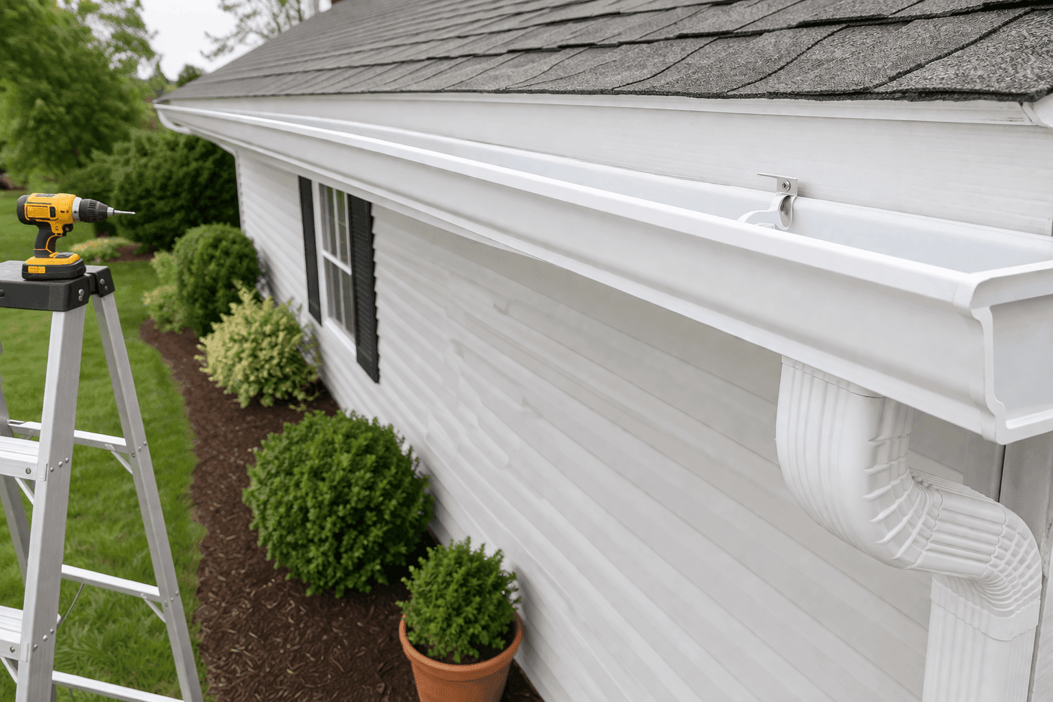 Properly aligned and sloped residential gutters with new hidden hangers secured to white fascia board on a suburban home exterior in natural daylight