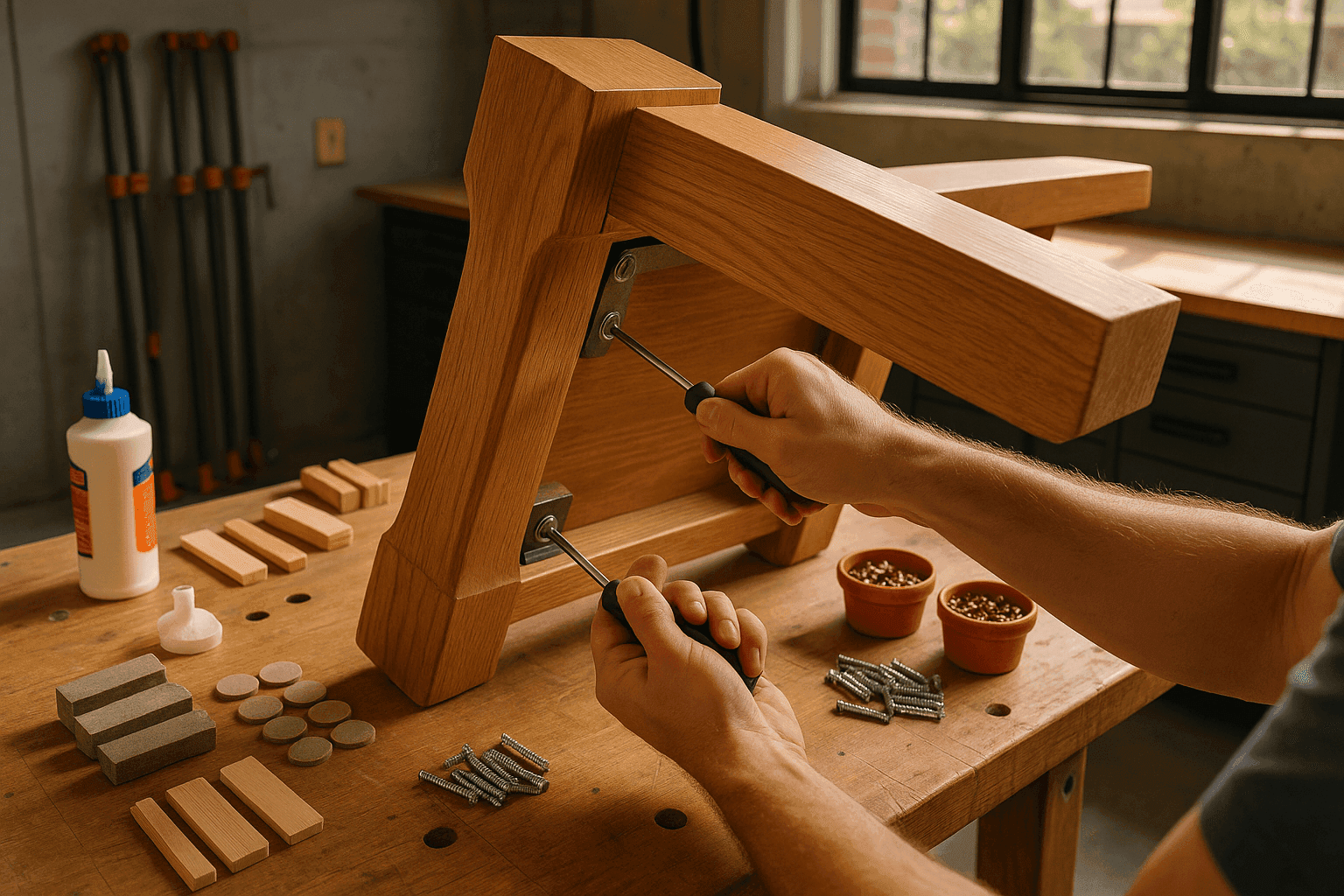 Hands using screwdriver to tighten loose screws on wooden chair leg with repair tools and wood shims arranged on work surface