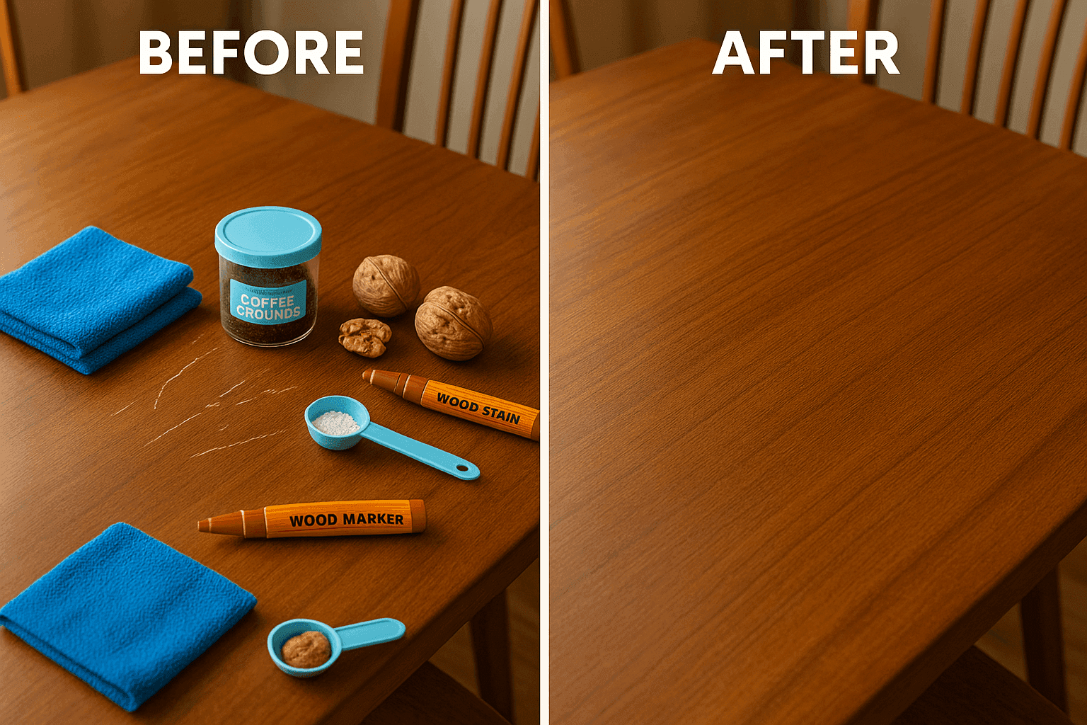 Before and after comparison of scratched wood furniture being repaired with natural remedies, showing restored surface beauty