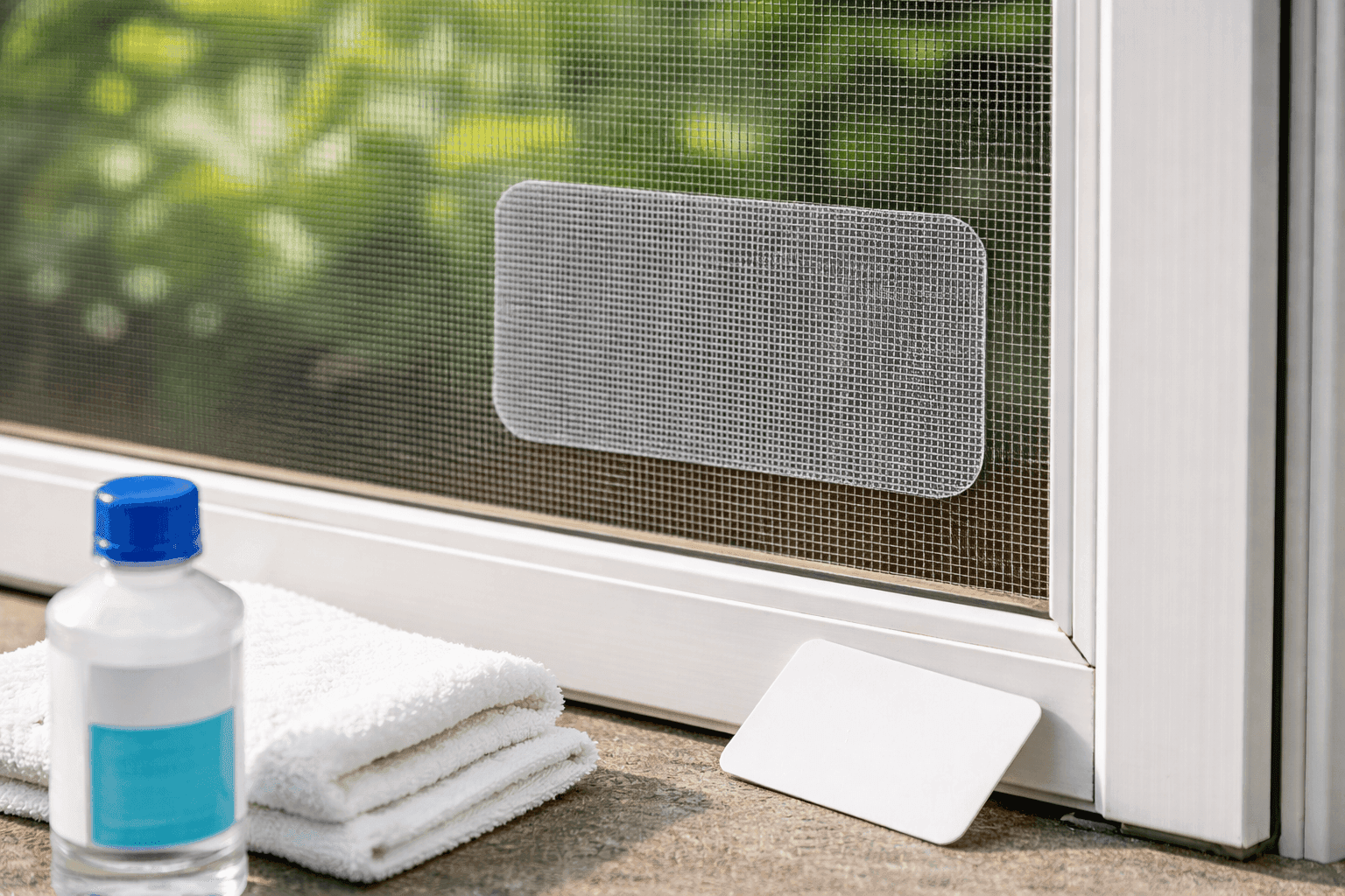 Close-up of a screen door with a clean adhesive mesh patch applied over a repaired tear with smooth edges visible against the existing screen mesh in natural daylight