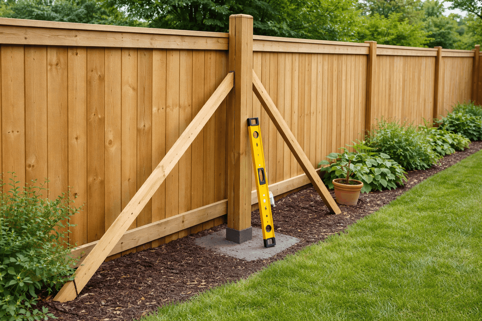 Straight and solid wooden fence post freshly repaired with a concrete collar at the base in a tidy backyard garden setting in natural daylight