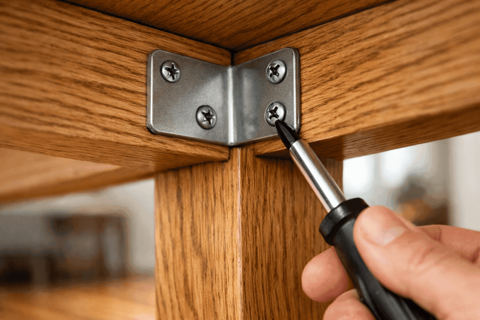 Person tightening corner brace hardware underneath a wooden dining table with a screwdriver in a bright home interior
