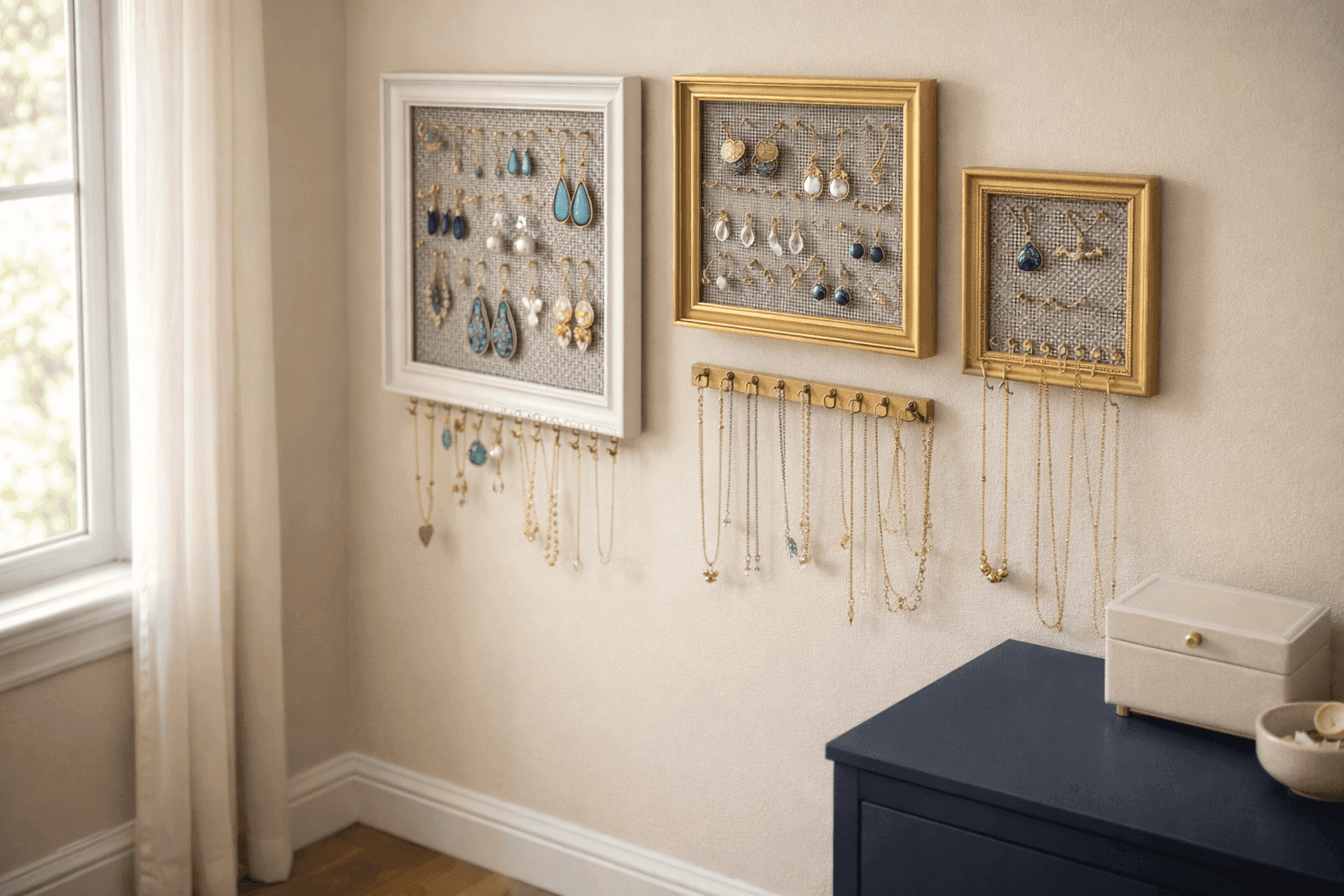 Repurposed picture frames mounted on wall as jewelry organizers with earrings and necklaces displayed