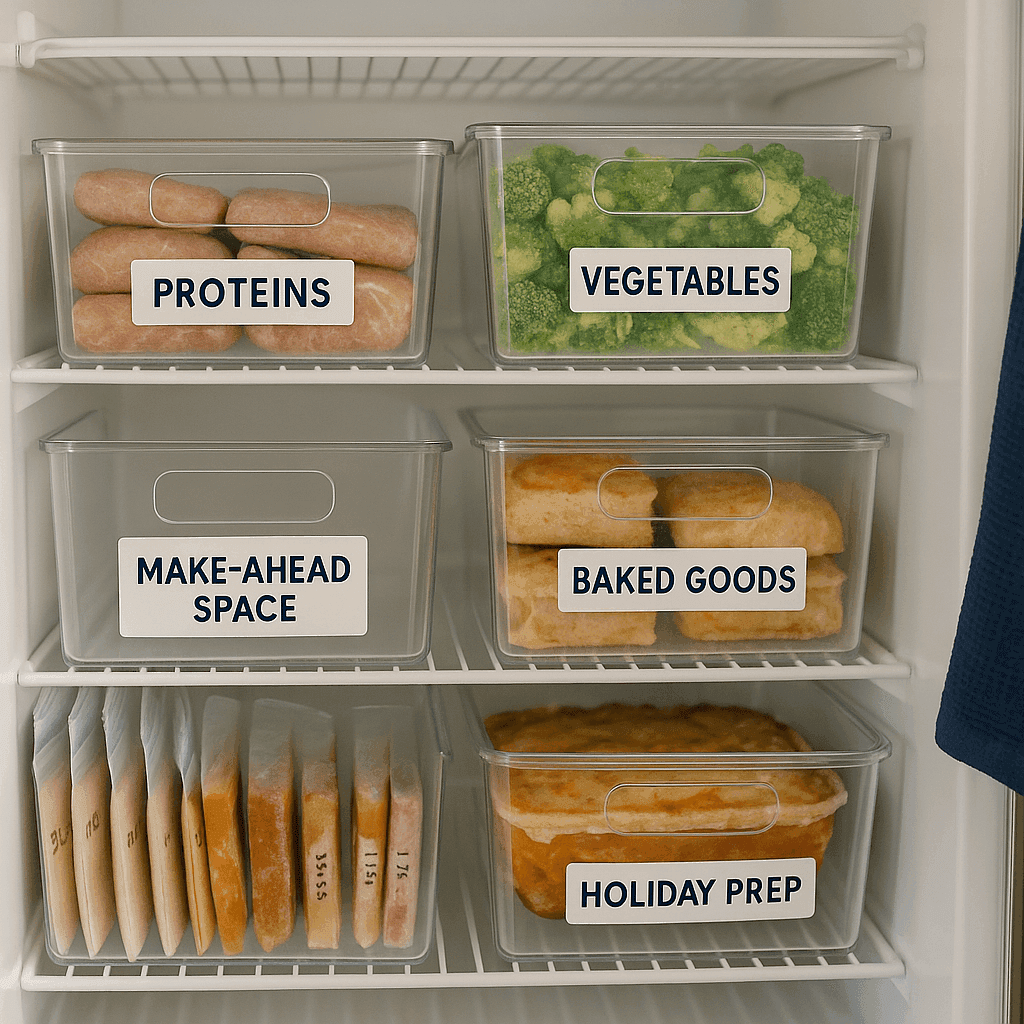 Organized freezer interior with labeled clear bins grouping foods by category and space for holiday meal prep