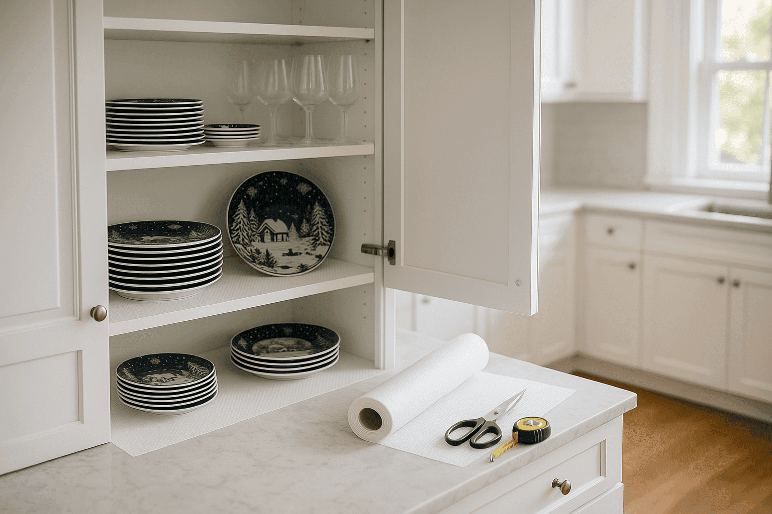 Clean white shelf liner being installed in kitchen cabinet with holiday dishes organized on freshly lined shelves