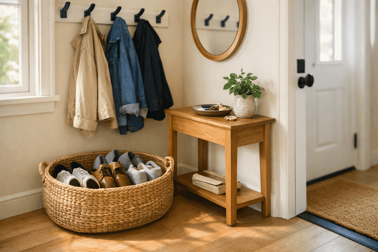 Clean organized entryway with neat coat hooks, shoe storage, and fresh surfaces ready for the new year