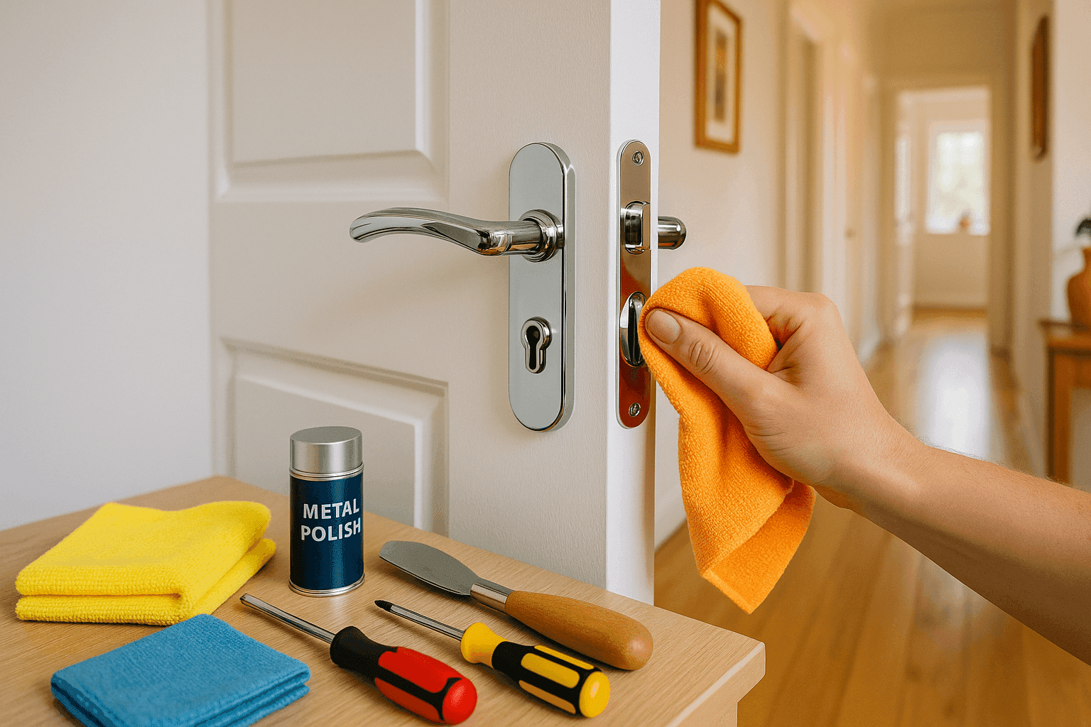 Clean, polished door handles and hinges on white door showing dramatic before and after transformation with cleaning supplies nearby