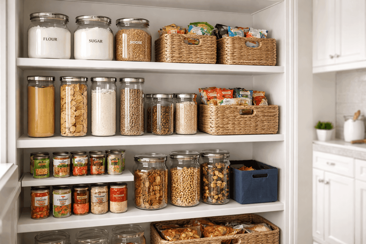 Organized pantry with clear containers, labeled bins, and neatly arranged food items grouped by category on white shelves