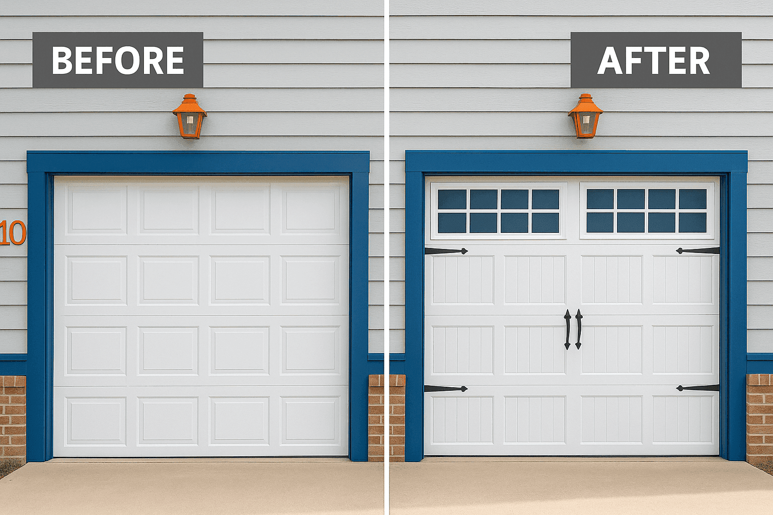 Before and after garage door transformation showing plain door upgraded with decorative magnetic hardware and adhesive window panels