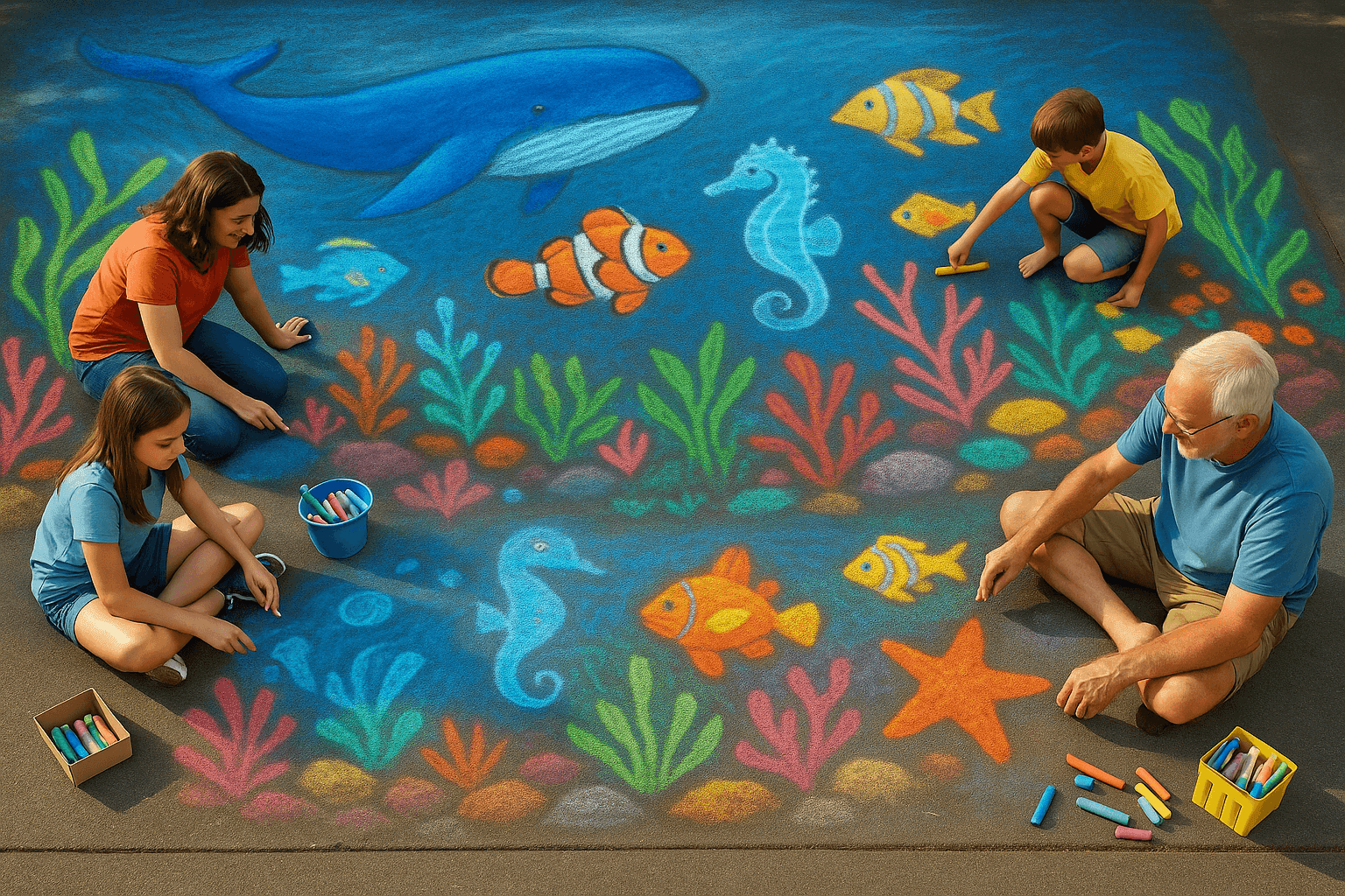 Vibrant driveway chalk mural with families creating a colorful underwater scene with sea creatures and coral reefs
