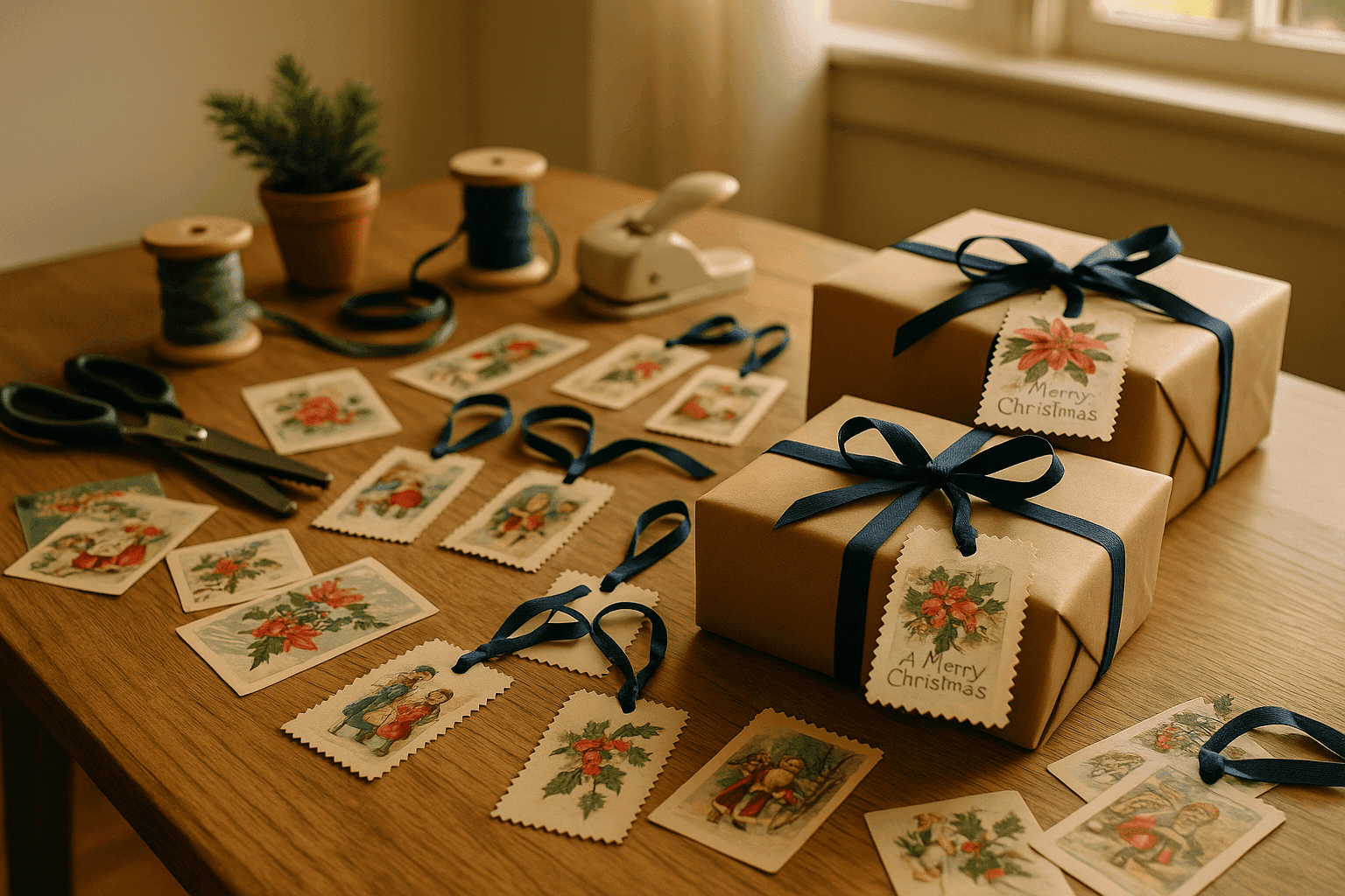 Vintage Christmas cards transformed into decorative gift tags with pinking shear edges and ribbon ties arranged on wrapped presents