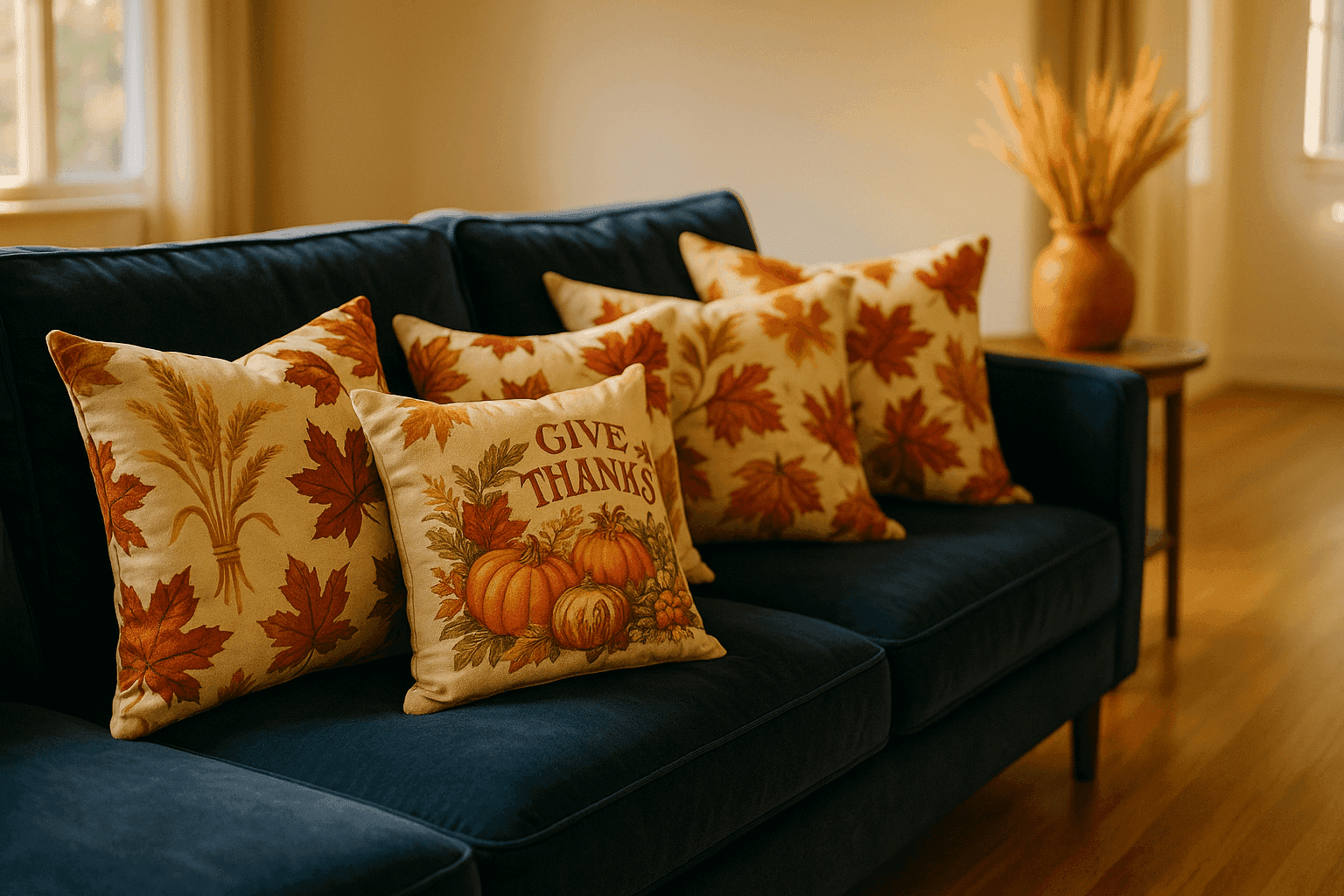Festive throw pillows made from repurposed Thanksgiving tablecloth fabric arranged on cozy sofa with fall decor