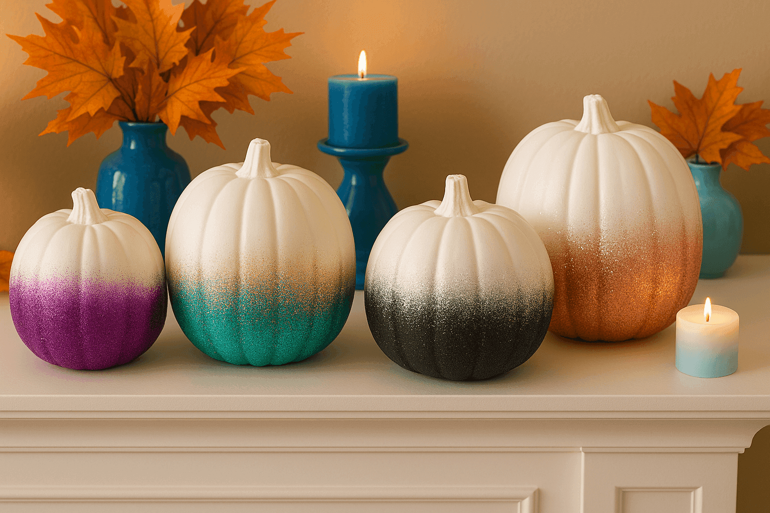 Stunning white craft pumpkins transformed with gradient glitter effects from purple to pink, teal to gold, and black to silver arranged on elegant fall display