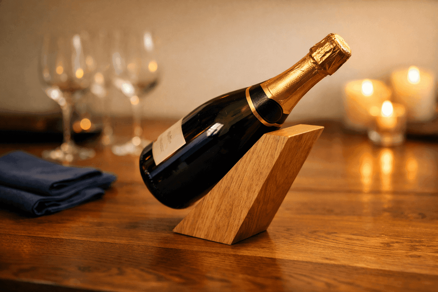 Handmade wooden wine bottle holder displaying champagne at gravity-defying angle on table