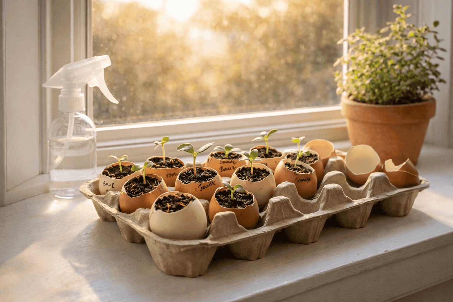Dozen eggshell halves nestled in a cardboard egg carton on a sunny windowsill each holding a tiny seedling sprout with seed starting mix visible in the shells