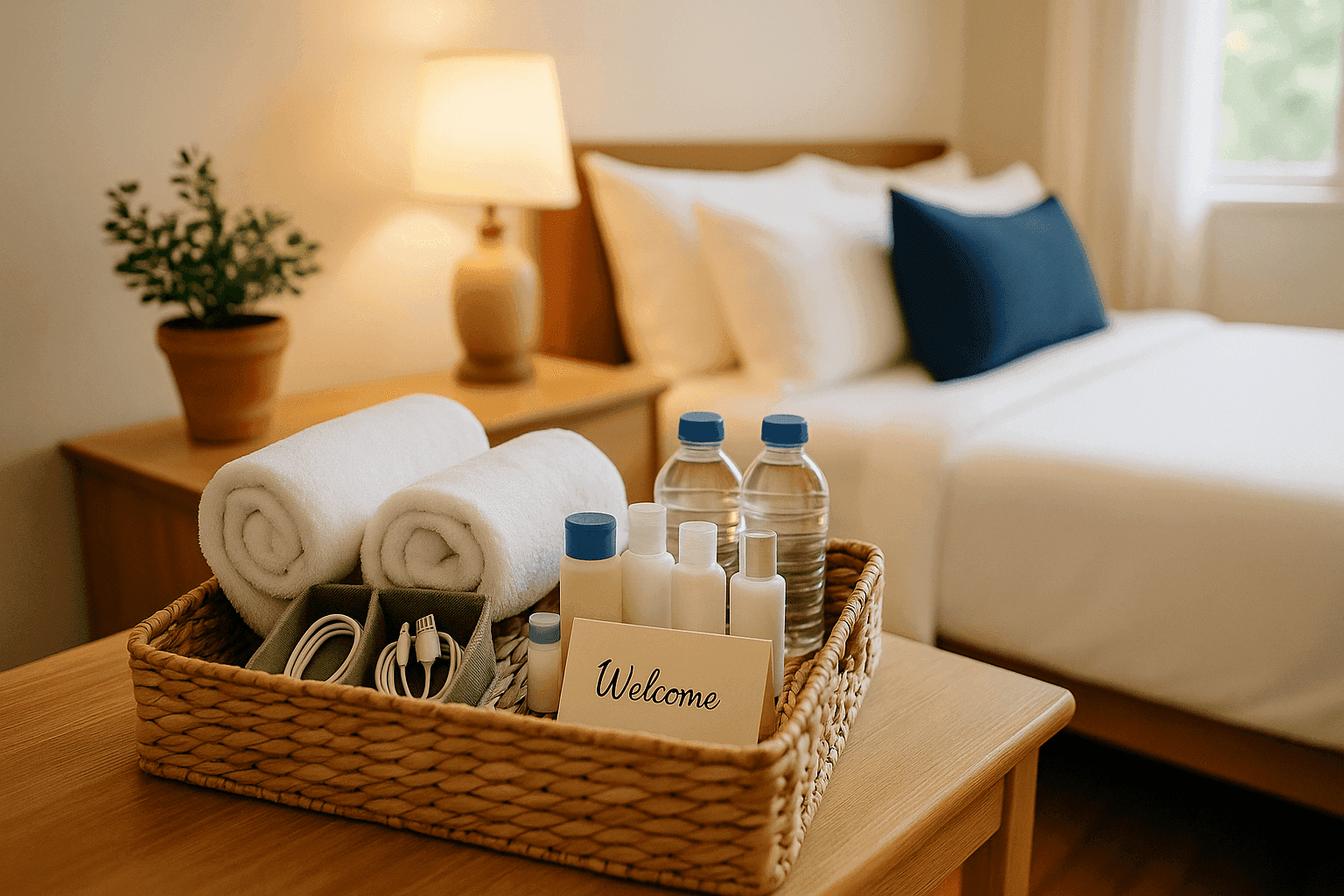 Organized guest room welcome basket with phone chargers toiletries and fresh towels creating hotel-quality hospitality
